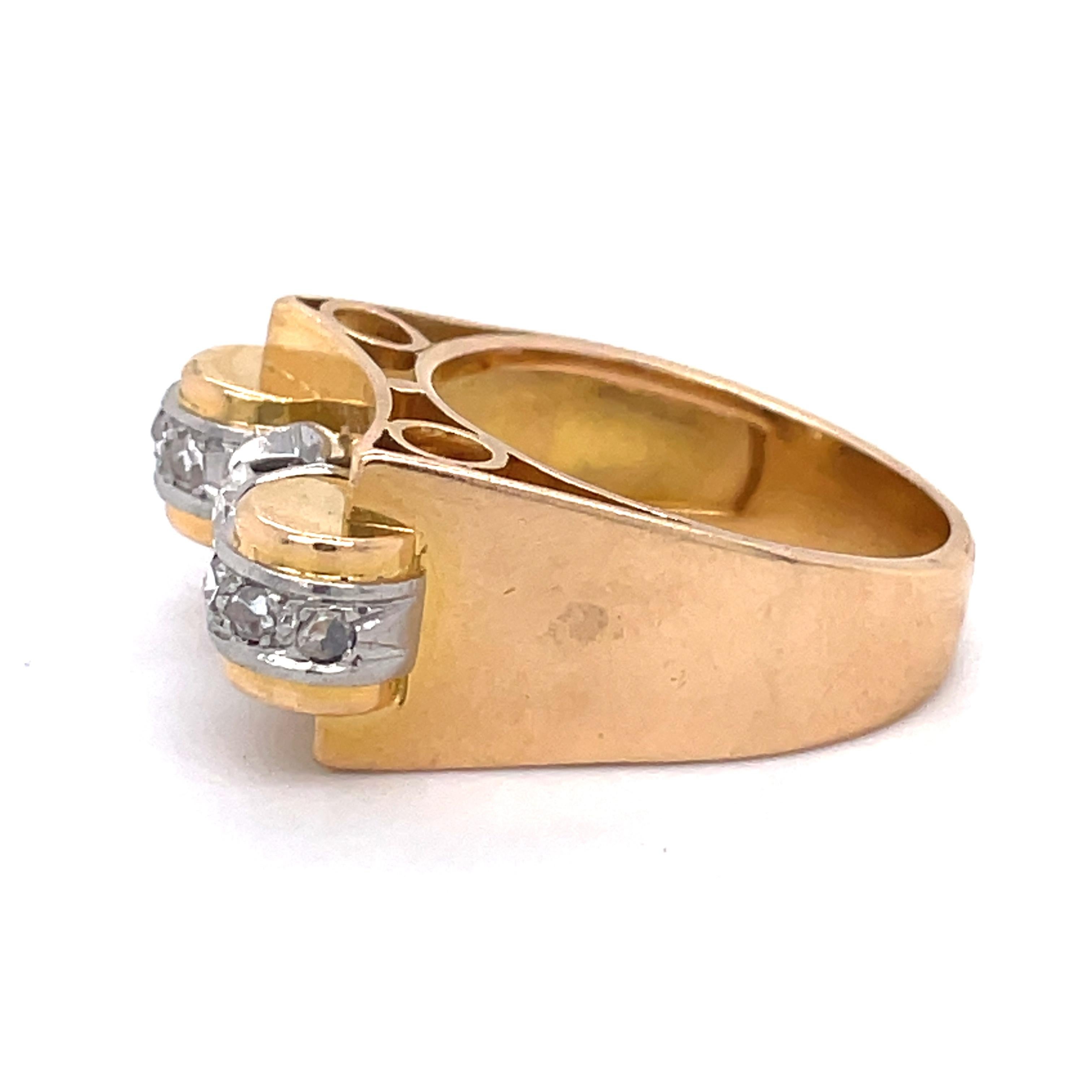Women's or Men's Vintage Tank Gold Ring, 18k Yellow Gold, Platinum Details, Old European Diamond For Sale