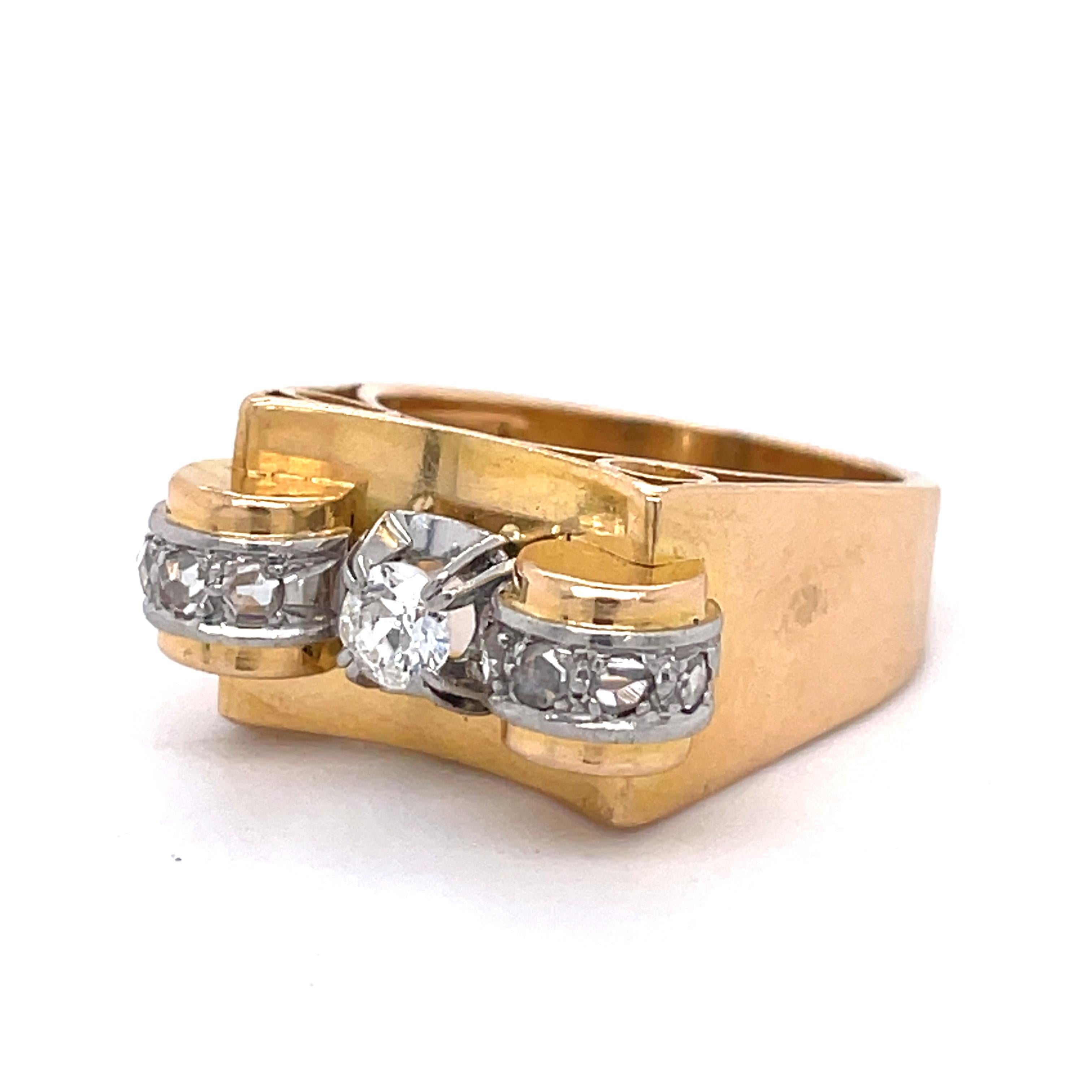 Vintage Tank Gold Ring, 18k Yellow Gold, Platinum Details, Old European Diamond For Sale 1