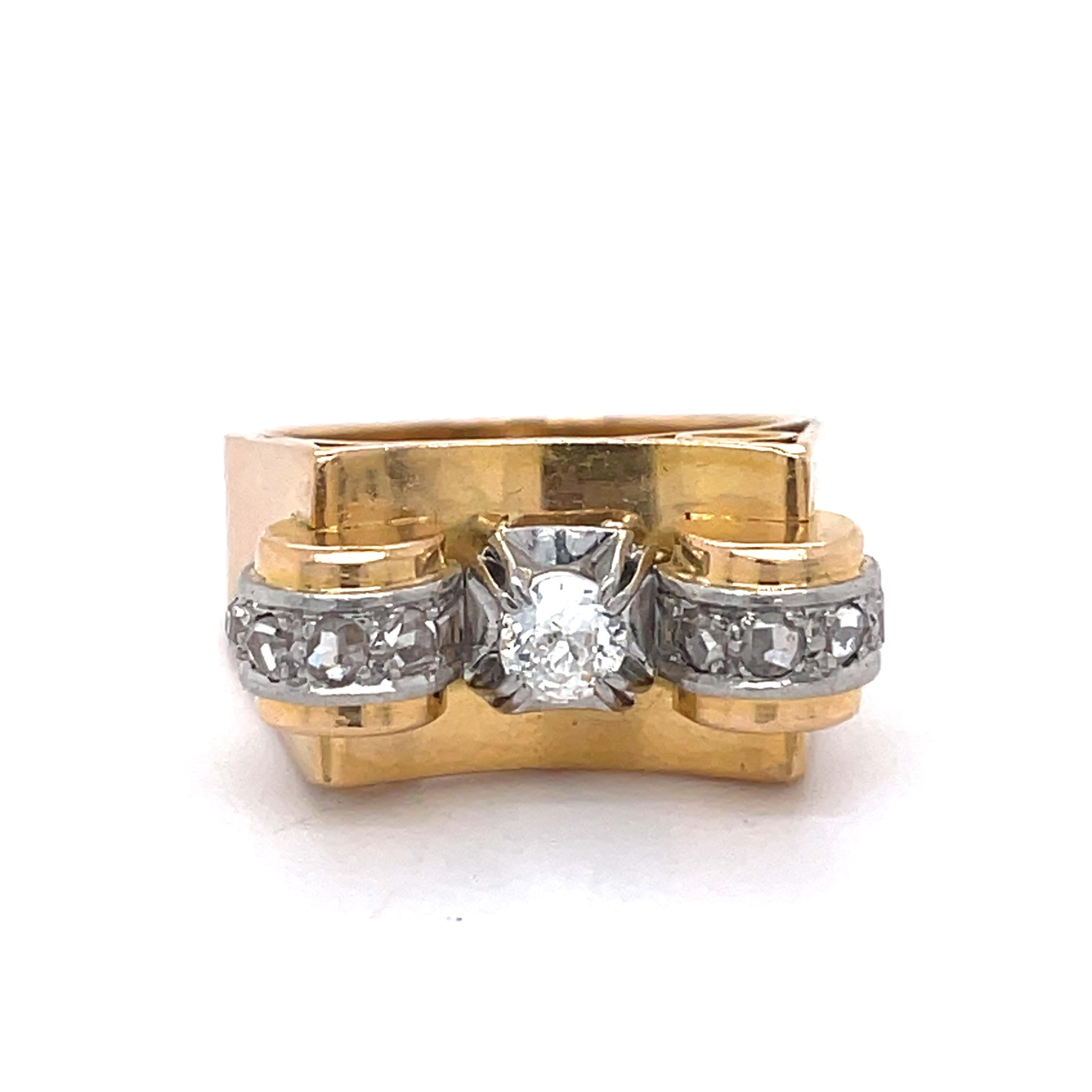 Vintage Tank Gold Ring, 18k Yellow Gold, Platinum Details, Old European Diamond For Sale 2
