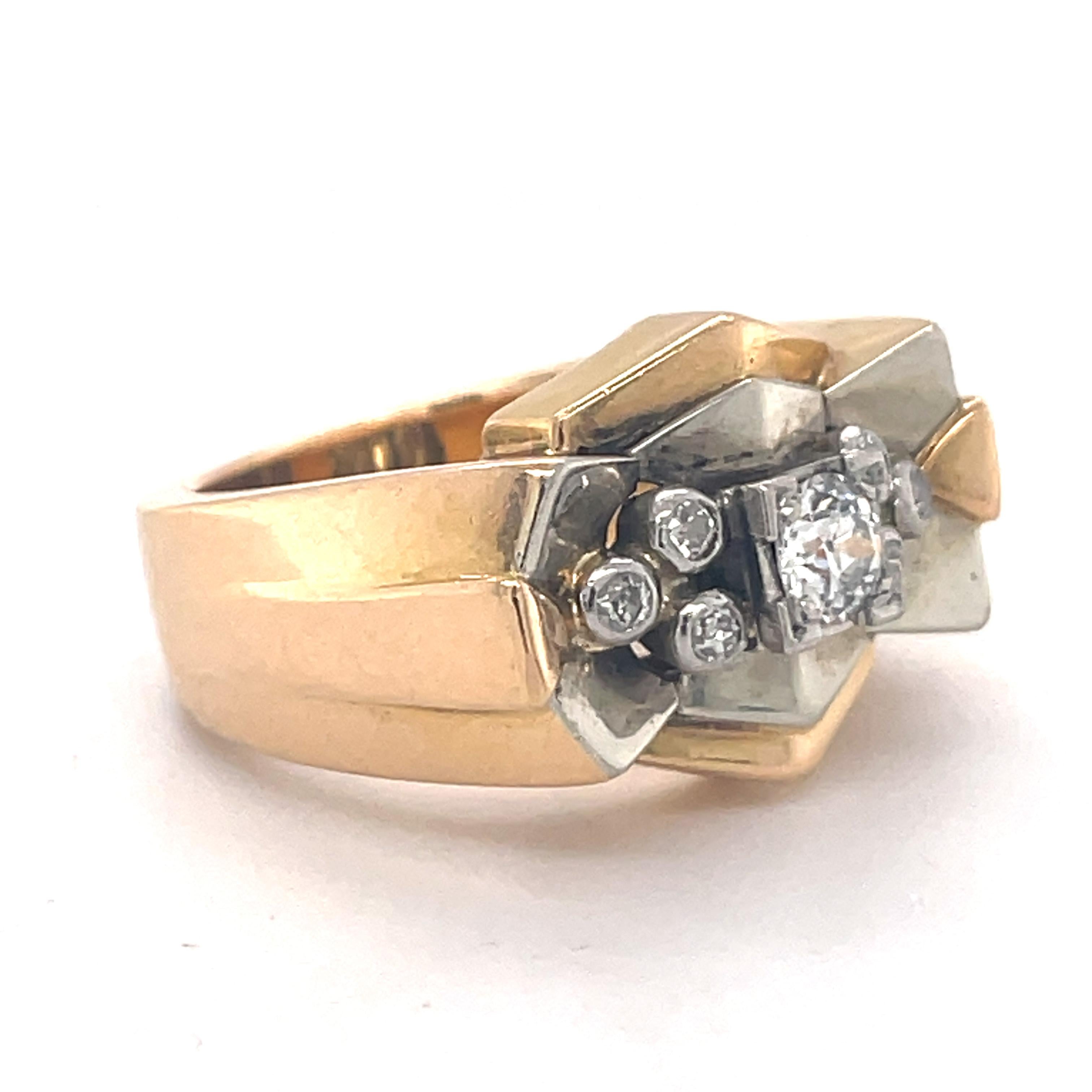 Old European Cut Vintage Tank ring, Geometric ring, Old European cut diamond, 18K Yellow gold For Sale