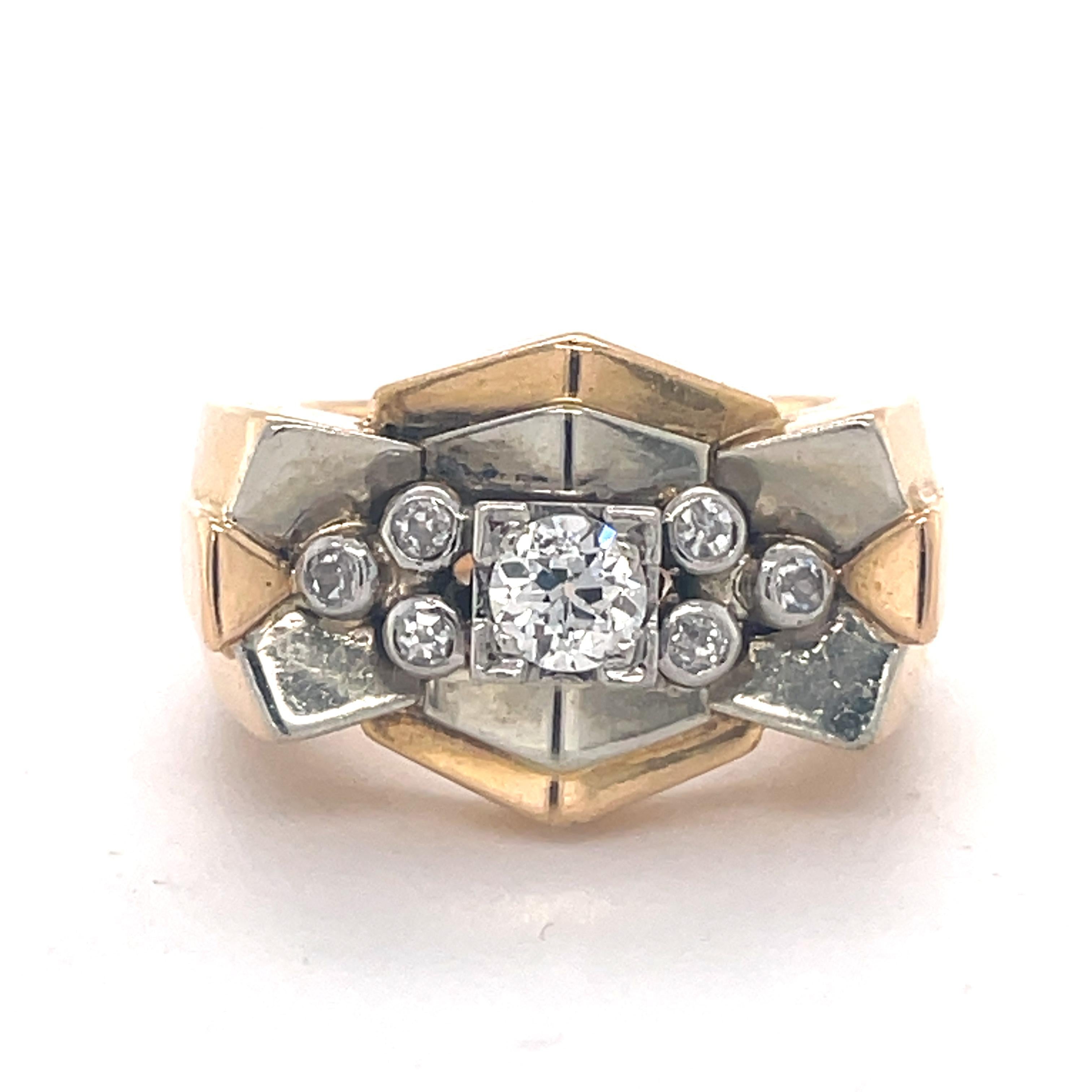 Women's Vintage Tank ring, Geometric ring, Old European cut diamond, 18K Yellow gold For Sale