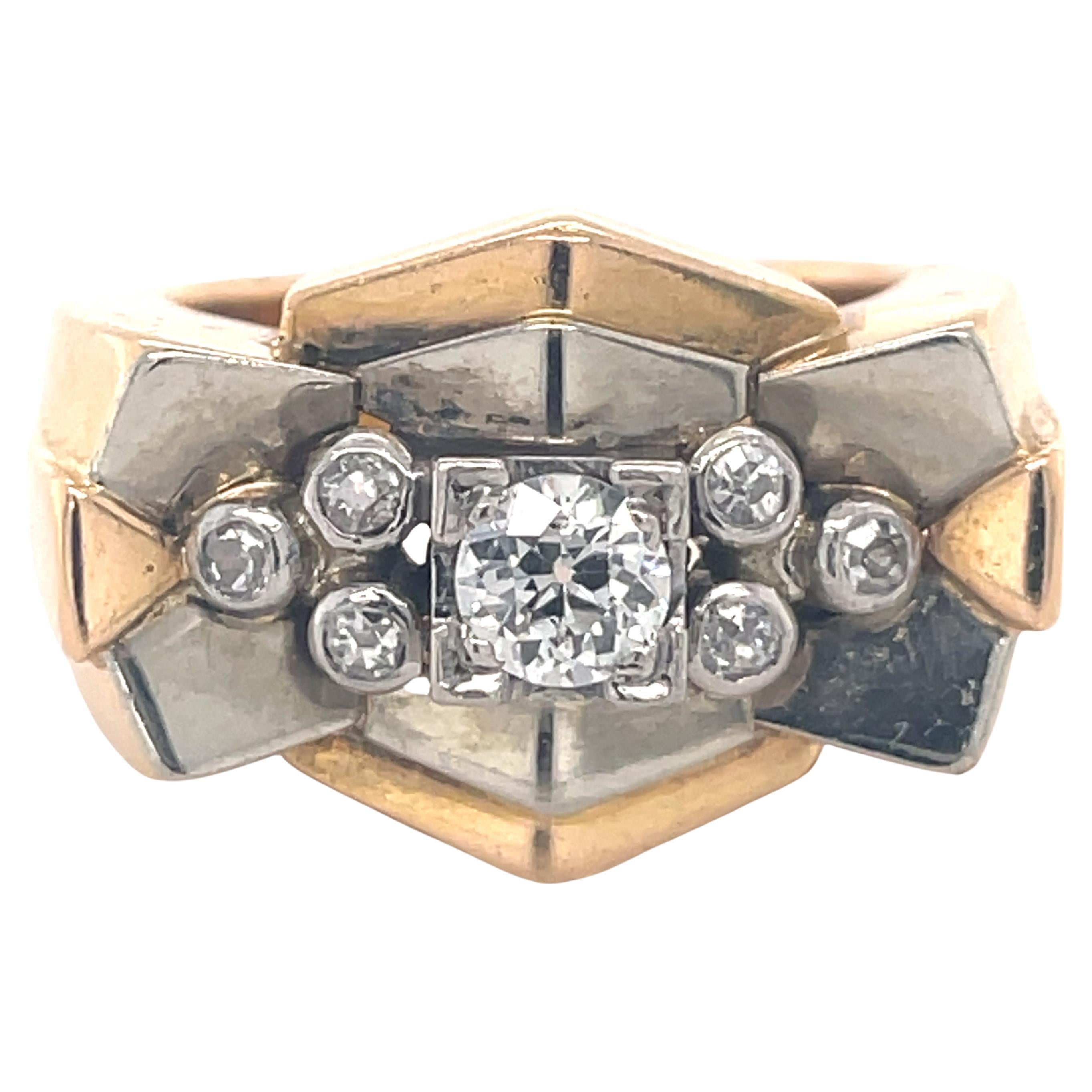 Vintage Tank ring, Geometric ring, Old European cut diamond, 18K Yellow gold