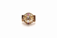 Vintage tank ring with diamond, synthetic ruby and pearl