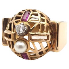 Vintage tank ring with diamond, synthetic ruby and pearl 