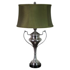 Vintage Tanner Kenzie Arteriors Silver Trophy Urn Table Lamp Green Silk Shade 27