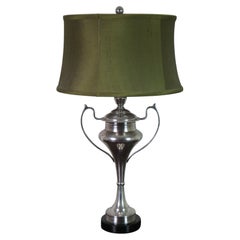 Retro Tanner Kenzie Arteriors Silver Trophy Urn Table Lamp Green Silk Shade 27