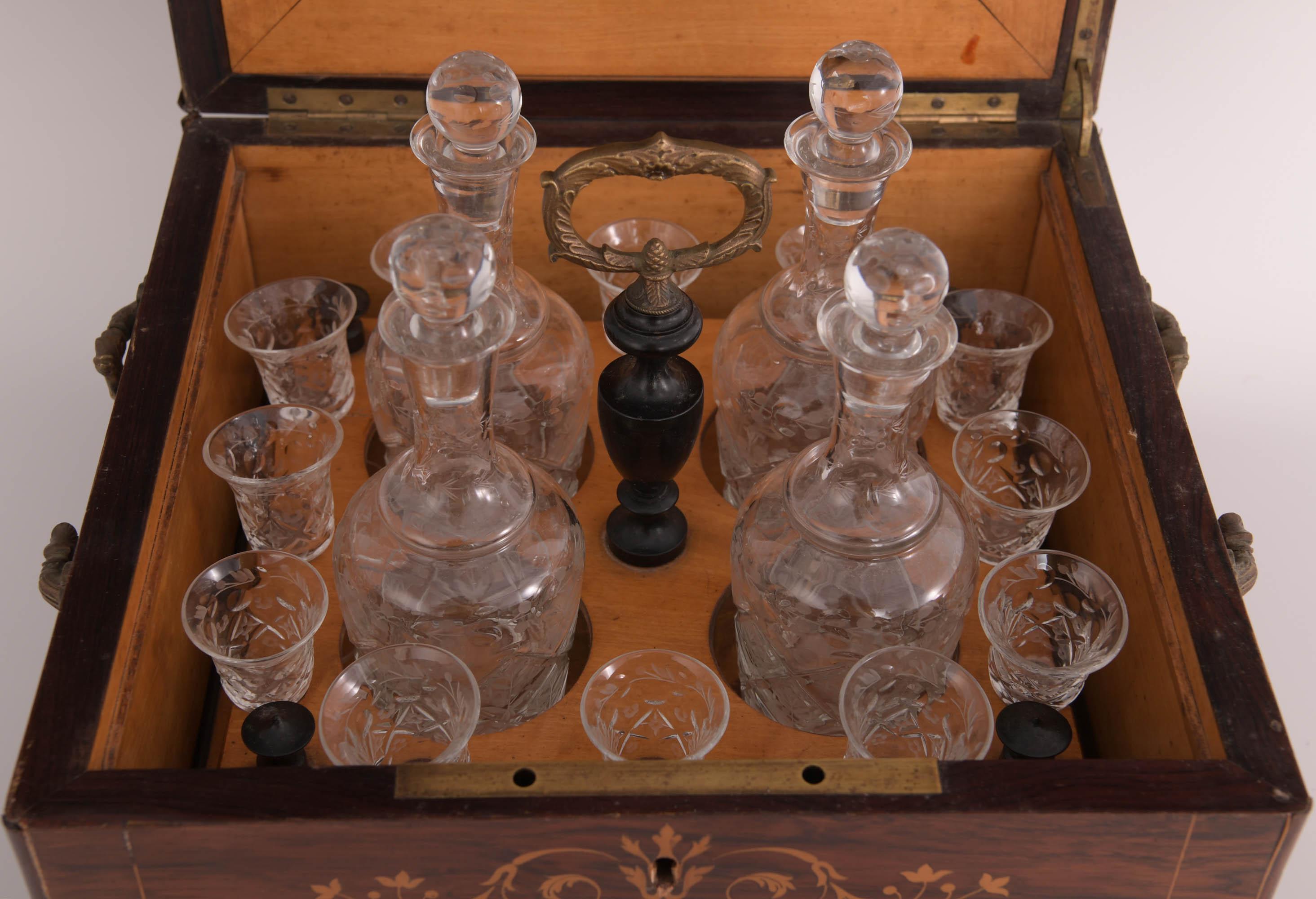 French Vintage Tantalus in Inlaid Rosewood Box, circa 1840-50