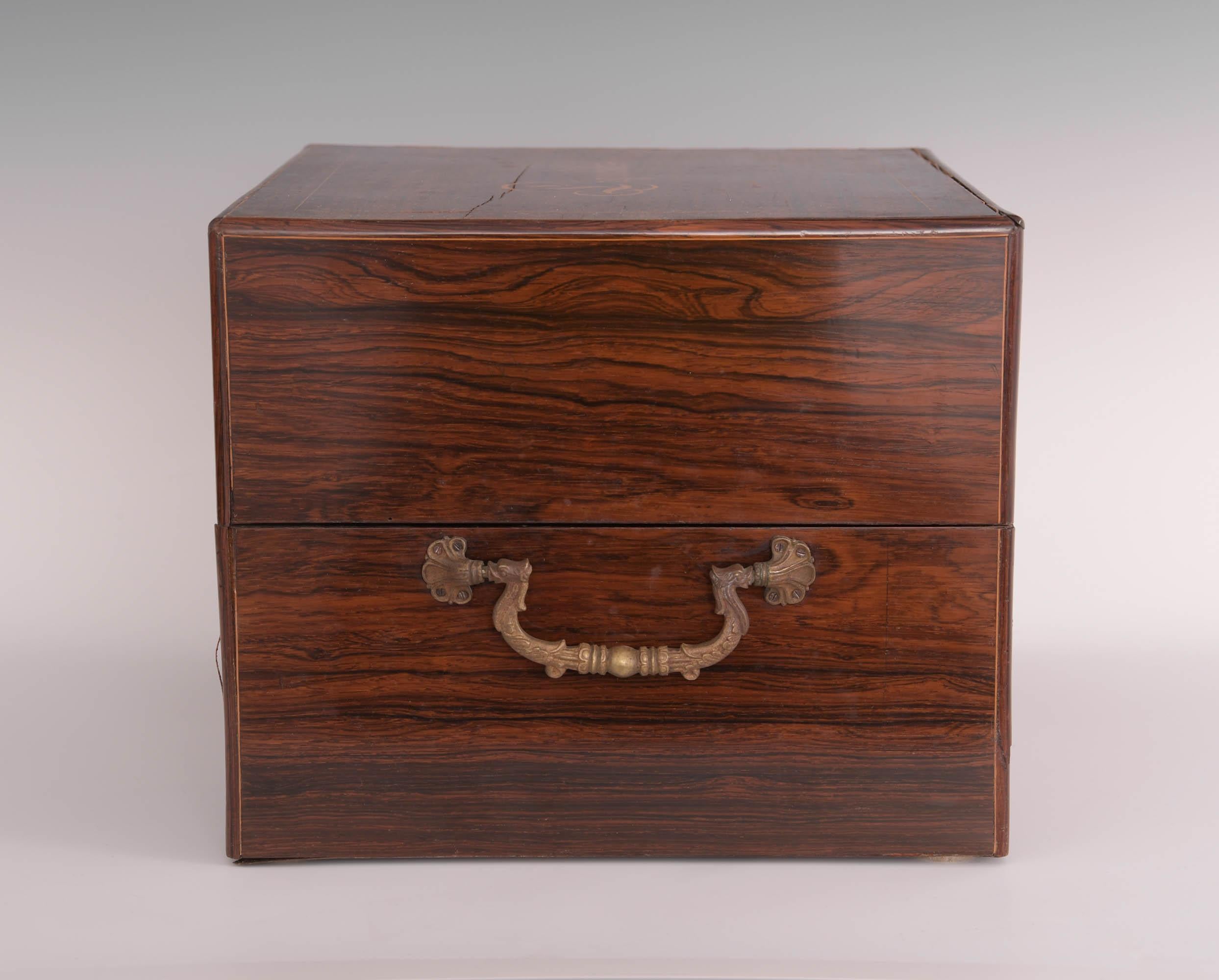 Vintage Tantalus in Inlaid Rosewood Box, circa 1840-50 In Good Condition In Colorado Springs, CO