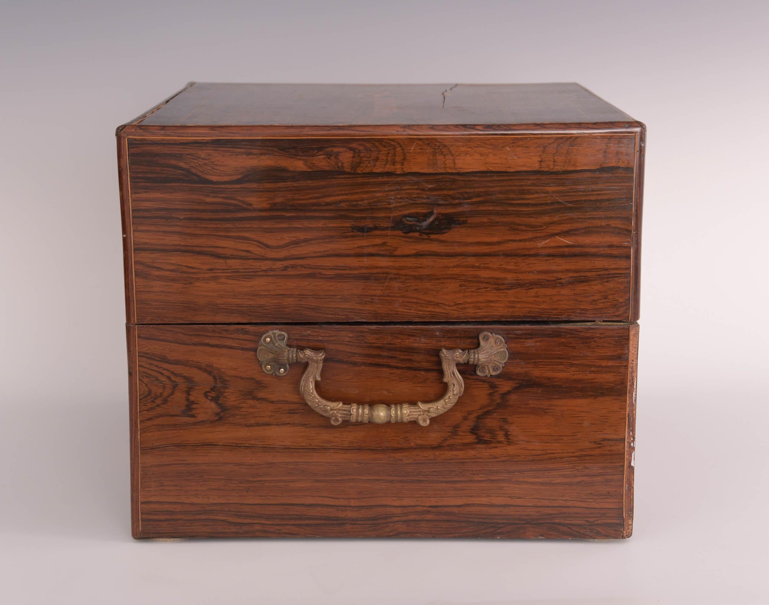 Mid-19th Century Vintage Tantalus in Inlaid Rosewood Box, circa 1840-50