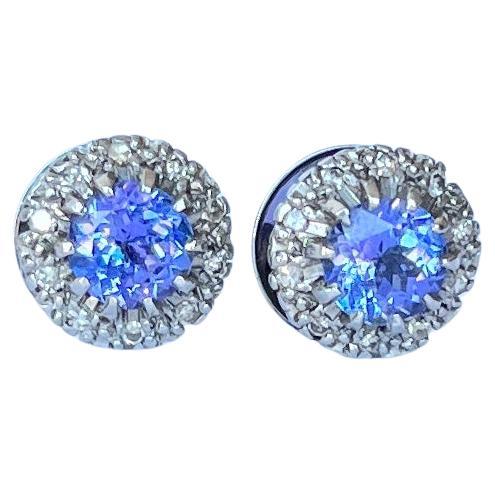 Vintage Tanzanite and Diamond 18 Carat White Gold Cluster Stud Earrings