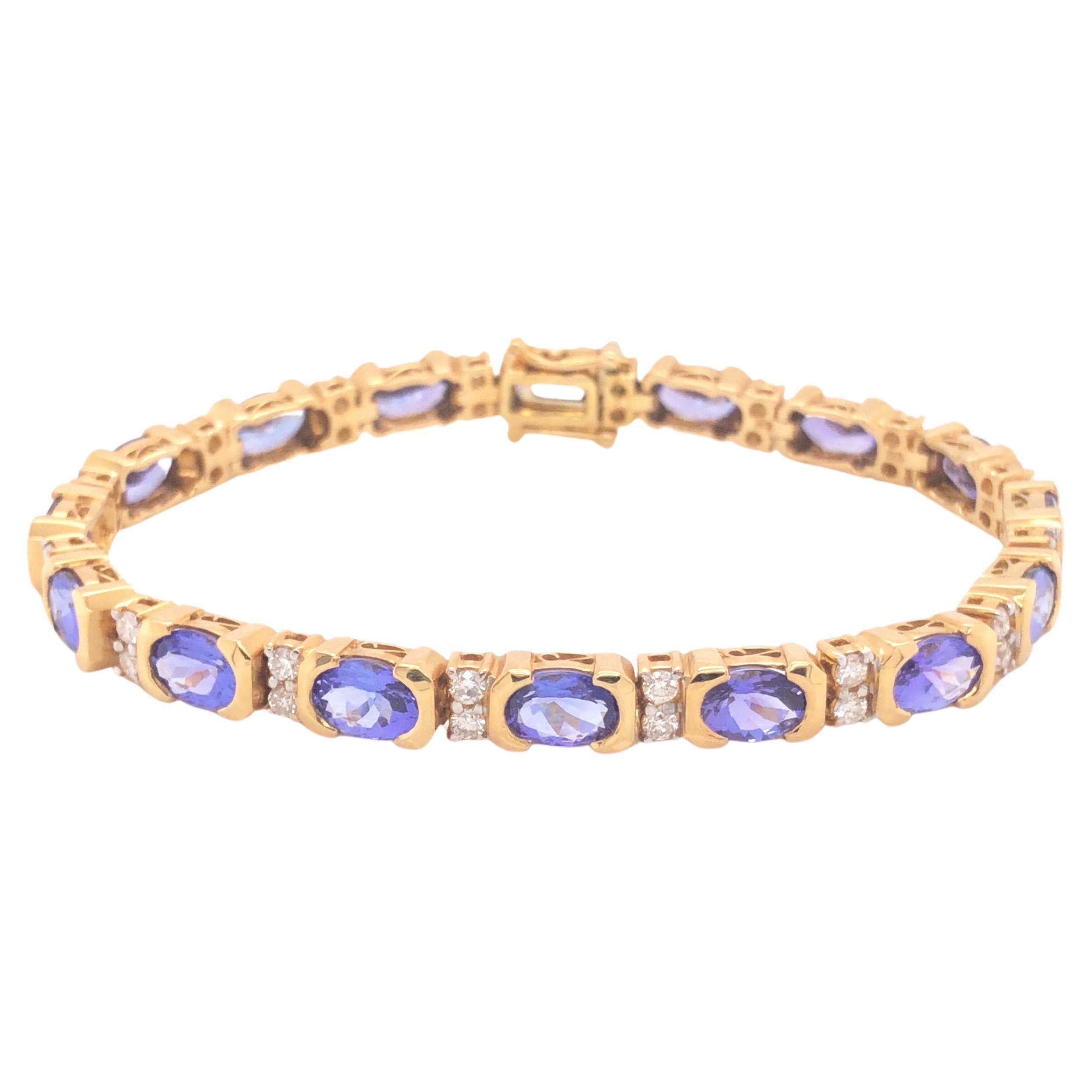 Bracelet vintage en or jaune 18 carats avec tanzanite et diamants