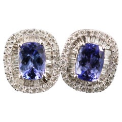 Vintage Tanzanite and Diamond Halo Gold Earrings for Her