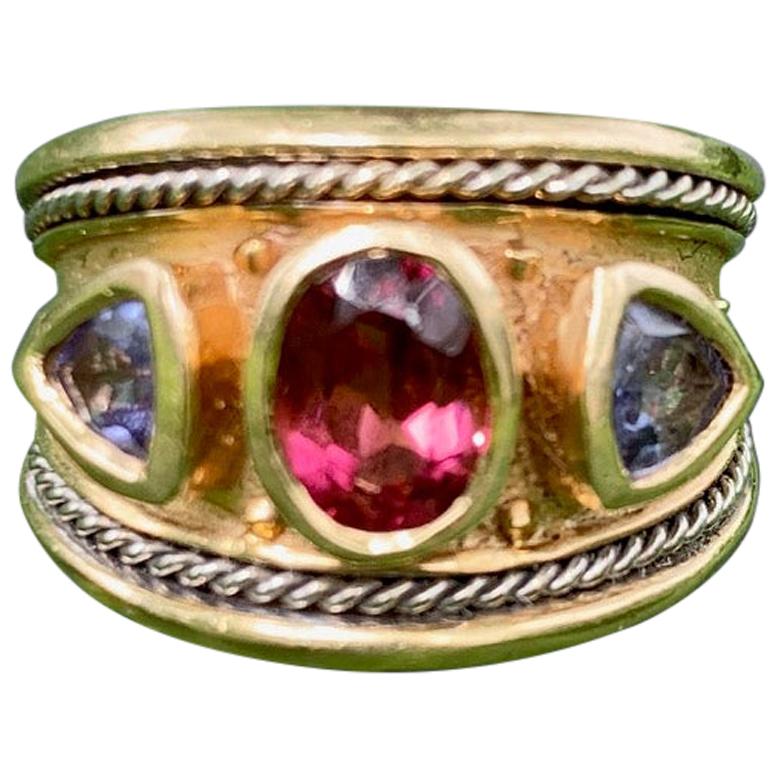 Vintage Tanzanite and Pink Tourmaline 14 Karat Gold Ring - Size 9