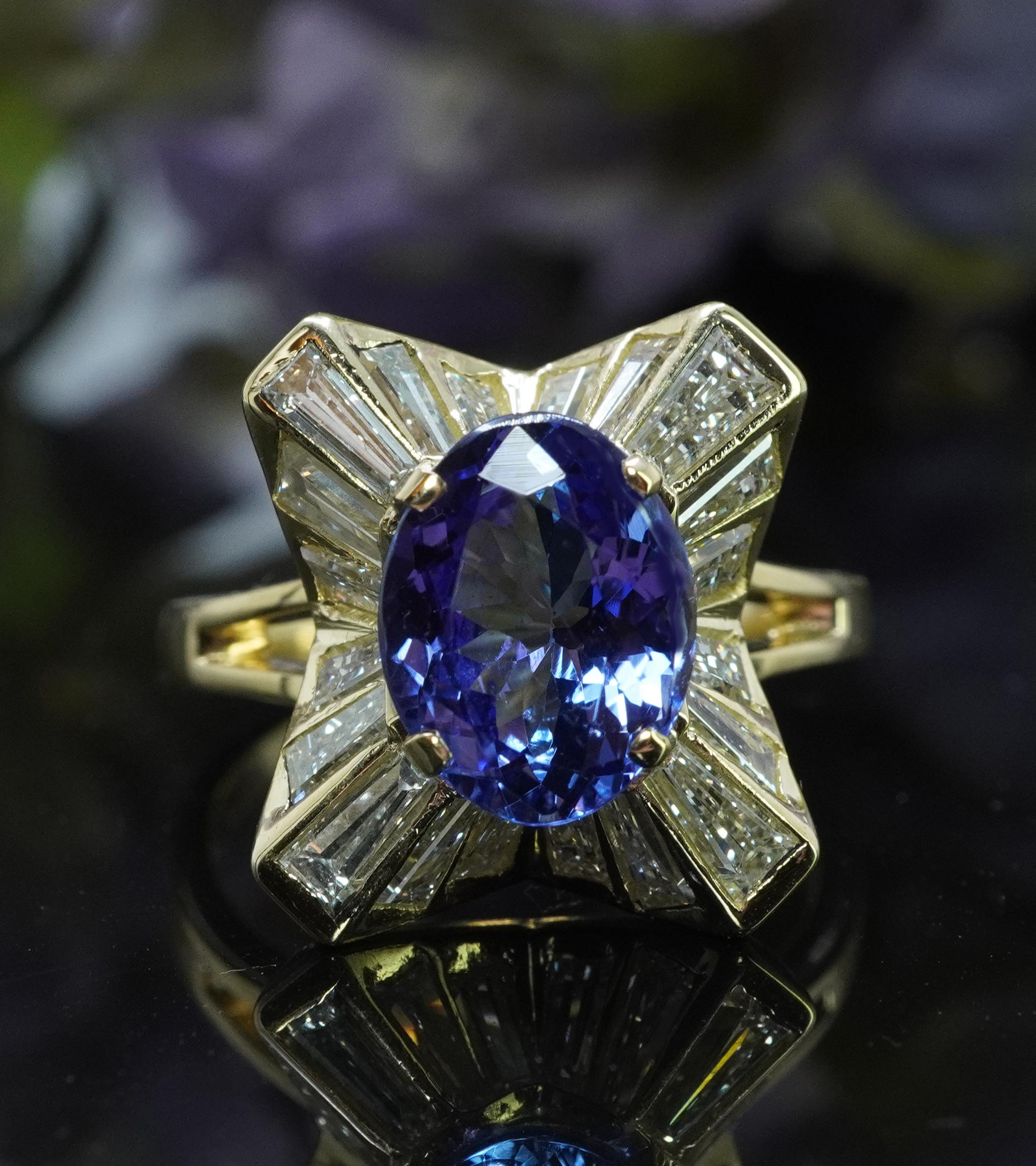 Vintage Tanzanit Baguette Diamant Ballerina 18K Gold Halo Ring Estate 4,3cttw (Ovalschliff) im Angebot