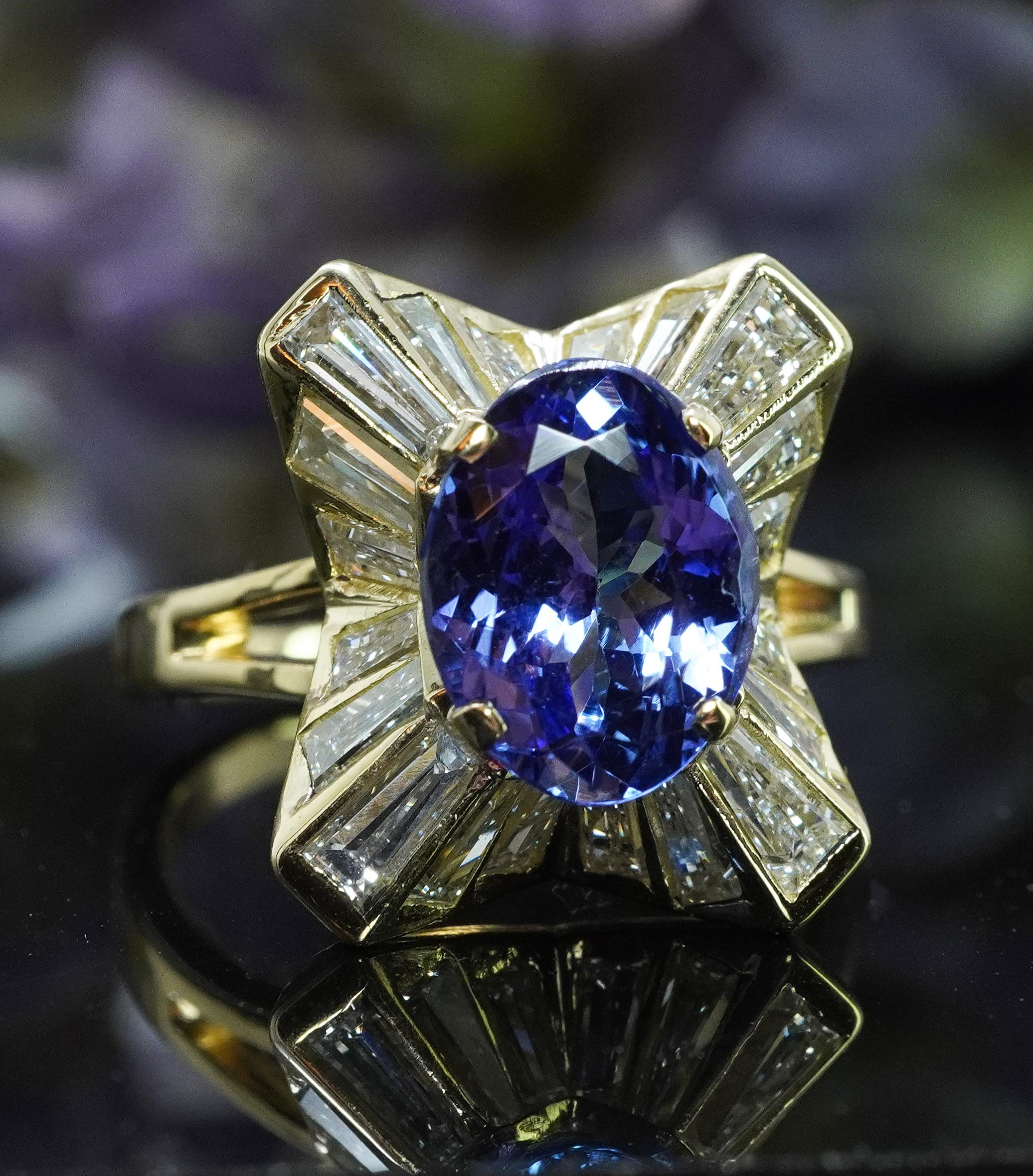 Vintage Tanzanit Baguette Diamant Ballerina 18K Gold Halo Ring Estate 4,3cttw im Zustand „Gut“ im Angebot in Brambleton, US