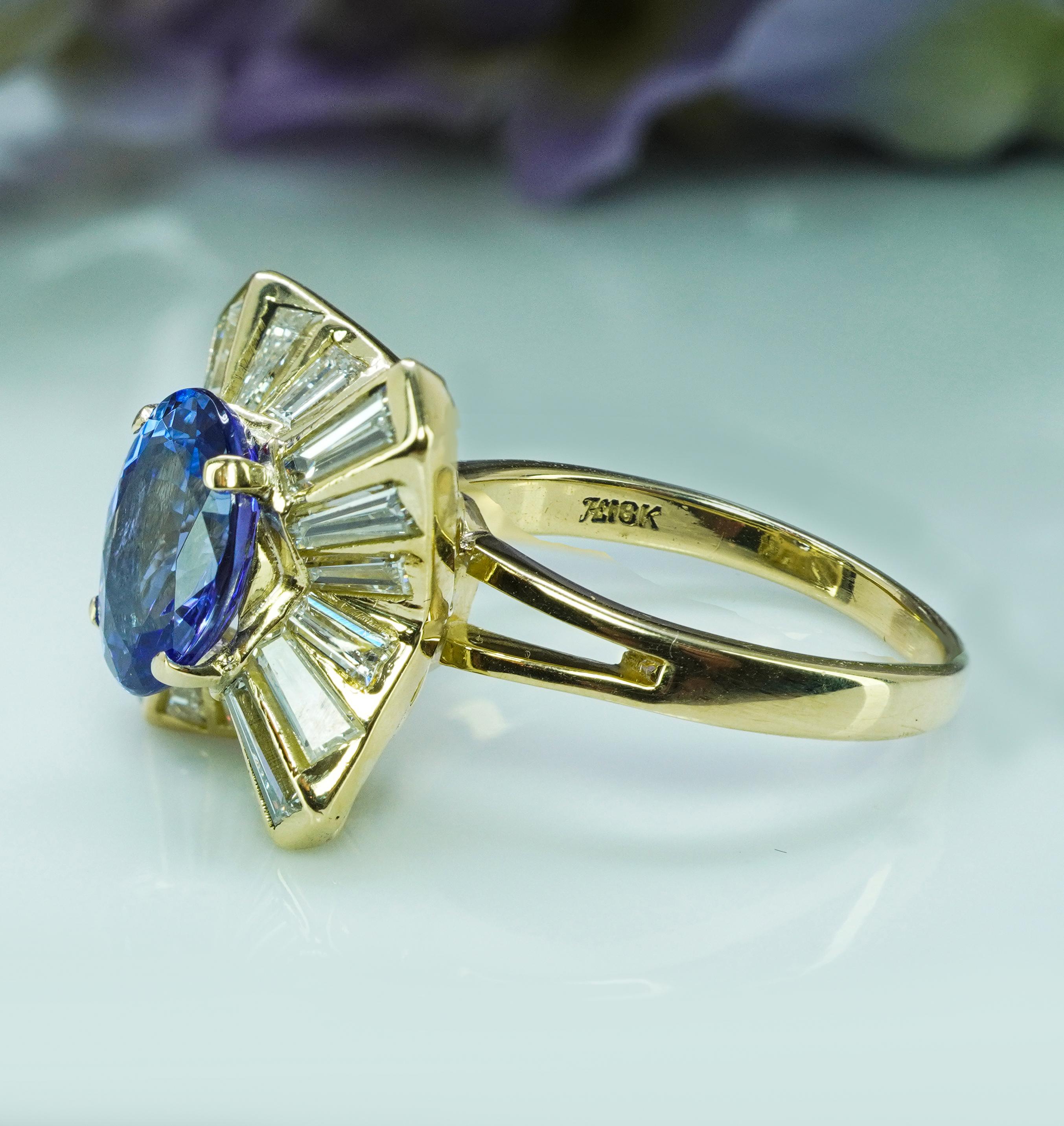 Vintage Tanzanit Baguette Diamant Ballerina 18K Gold Halo Ring Estate 4,3cttw Damen im Angebot