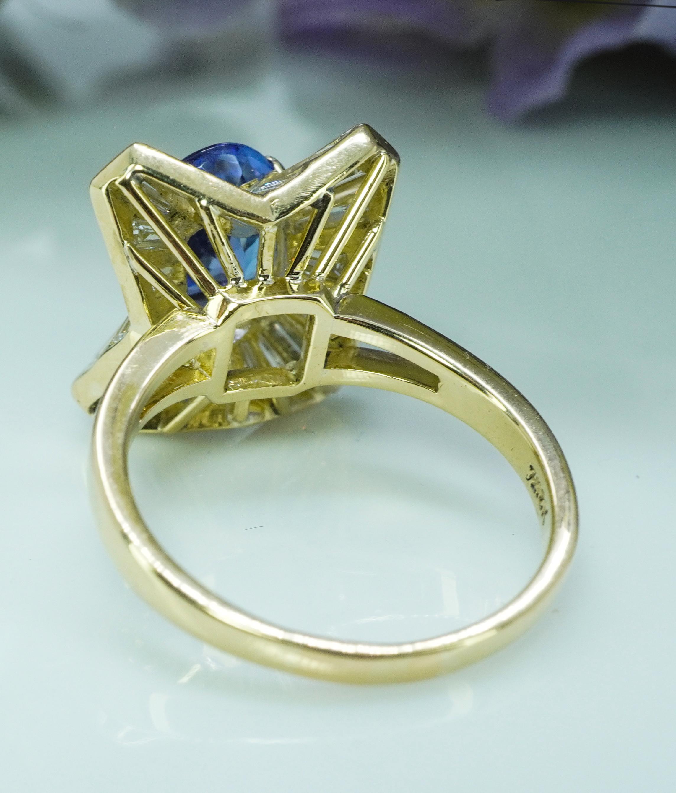 Vintage Tanzanit Baguette Diamant Ballerina 18K Gold Halo Ring Estate 4,3cttw im Angebot 2