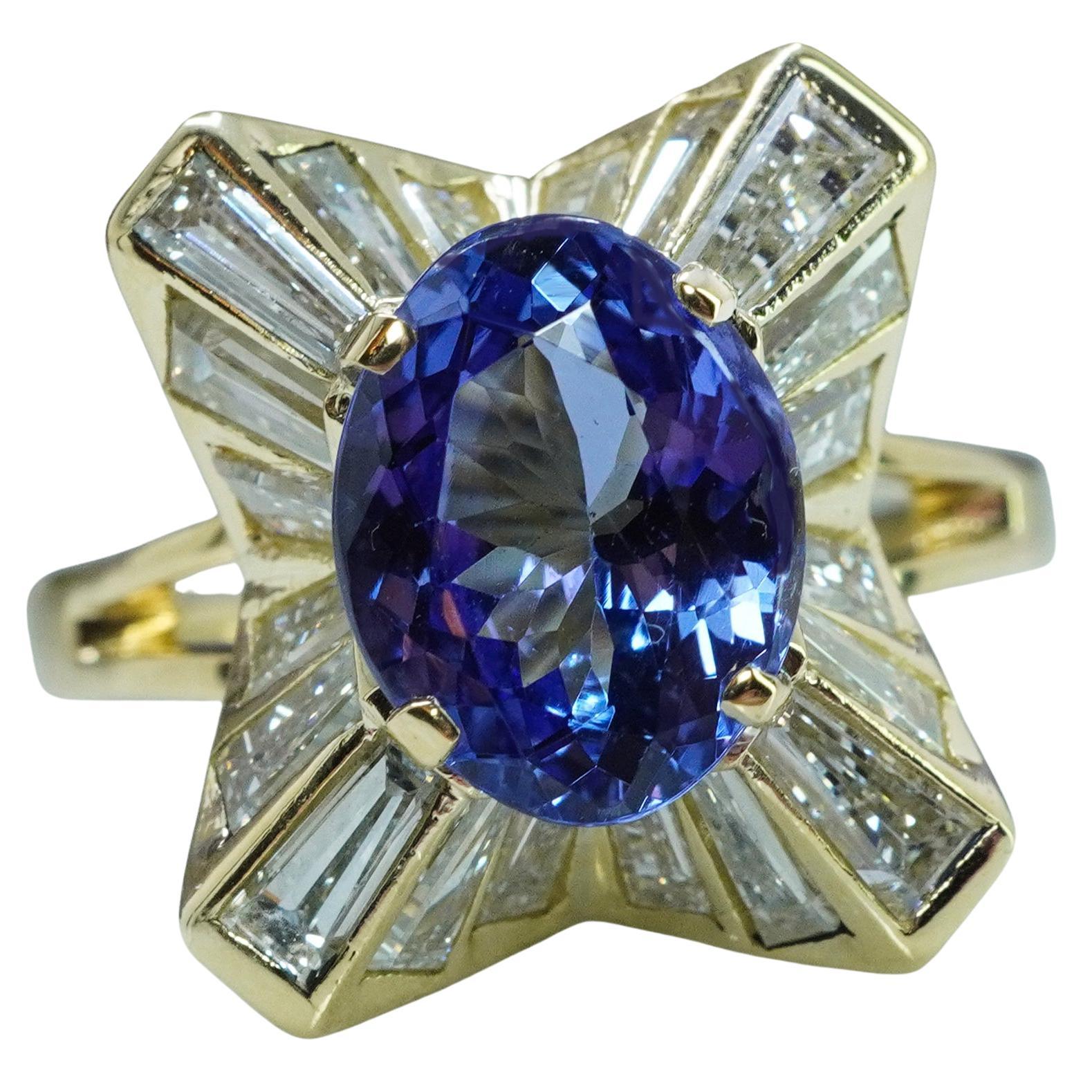Vintage Tanzanit Baguette Diamant Ballerina 18K Gold Halo Ring Estate 4,3cttw im Angebot