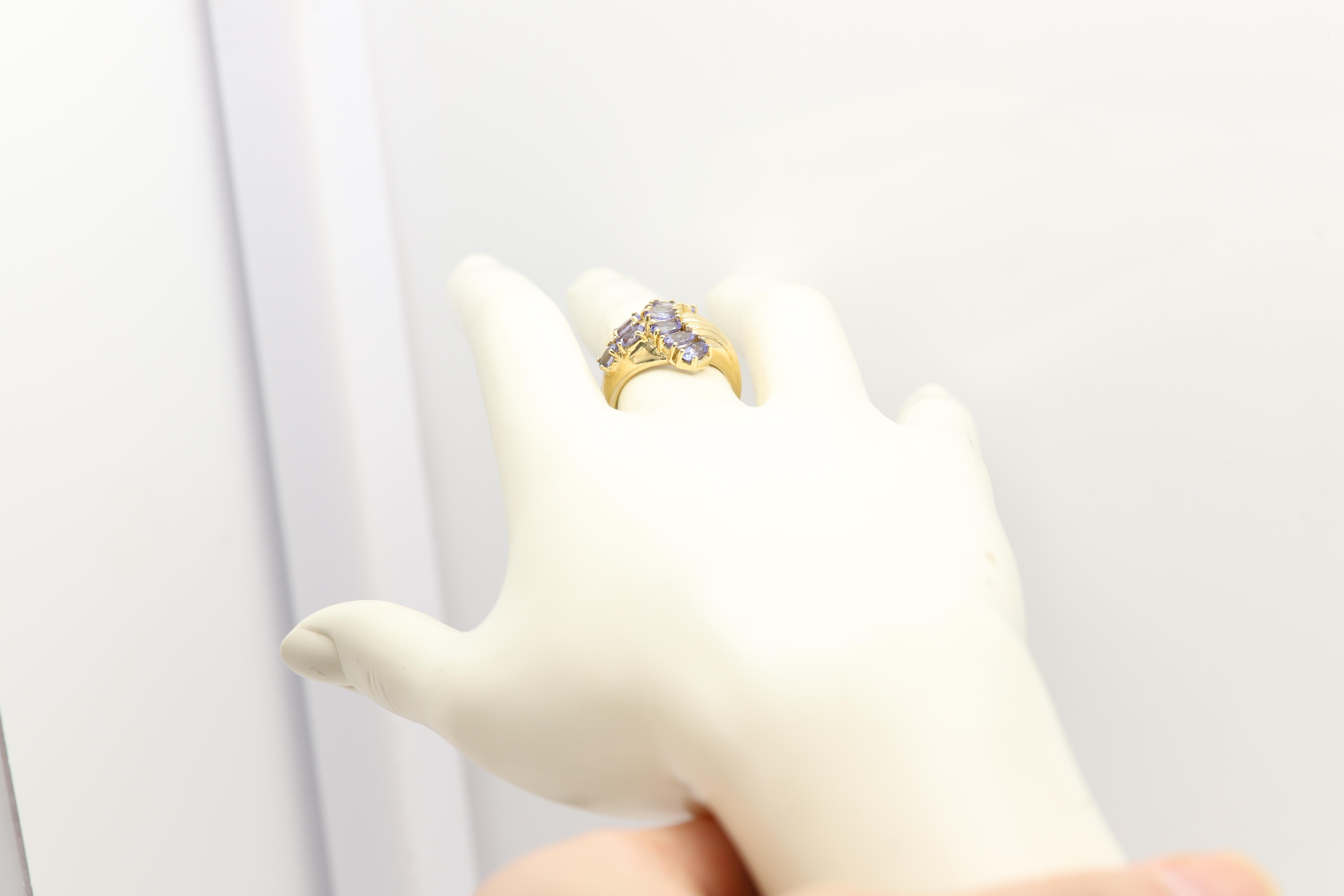 Women's Vintage Tanzanite Cluster Designer Ring 10 Karat Yellow Gold For Sale