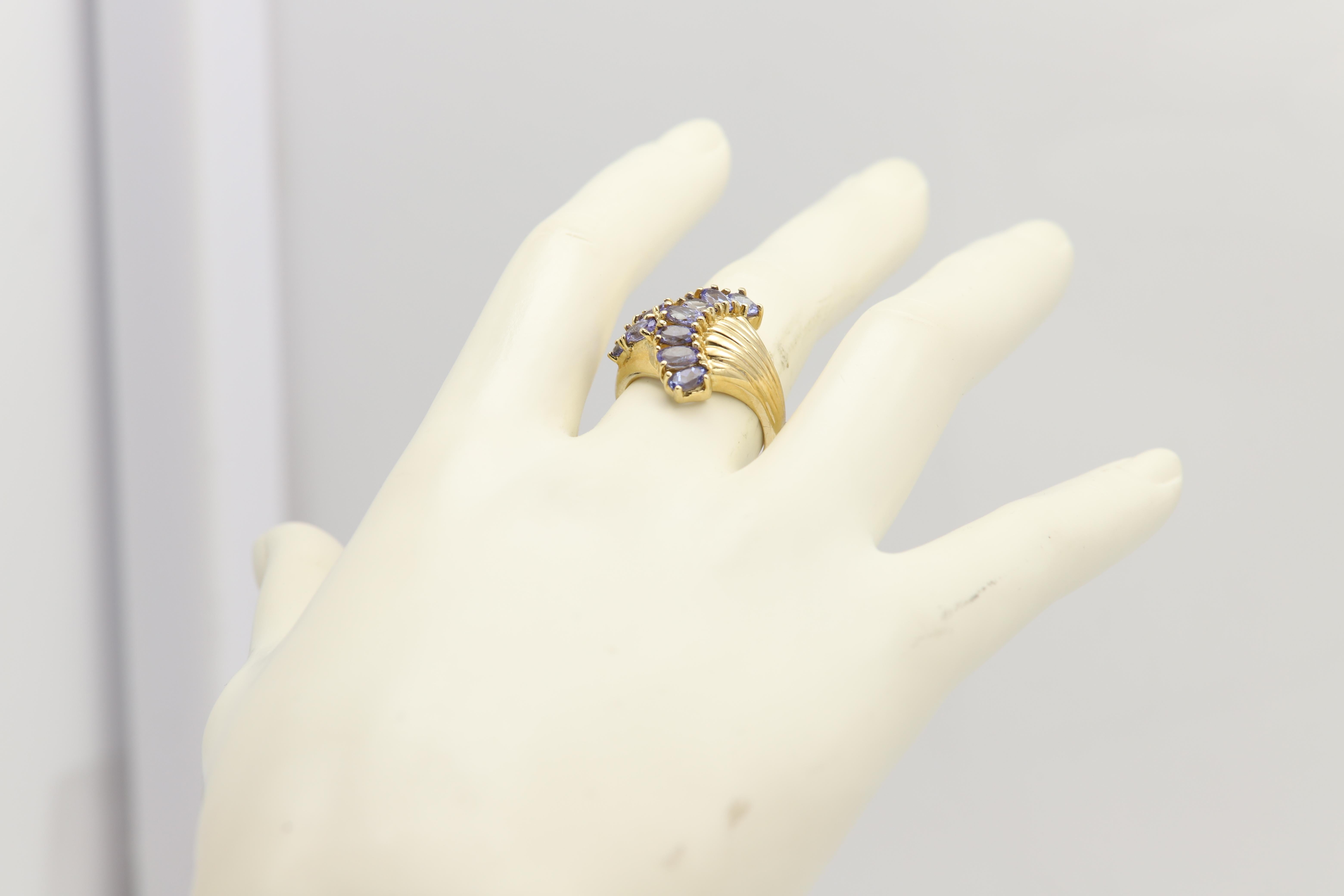 Vintage Tanzanite Cluster Designer Ring 10 Karat Yellow Gold For Sale 1