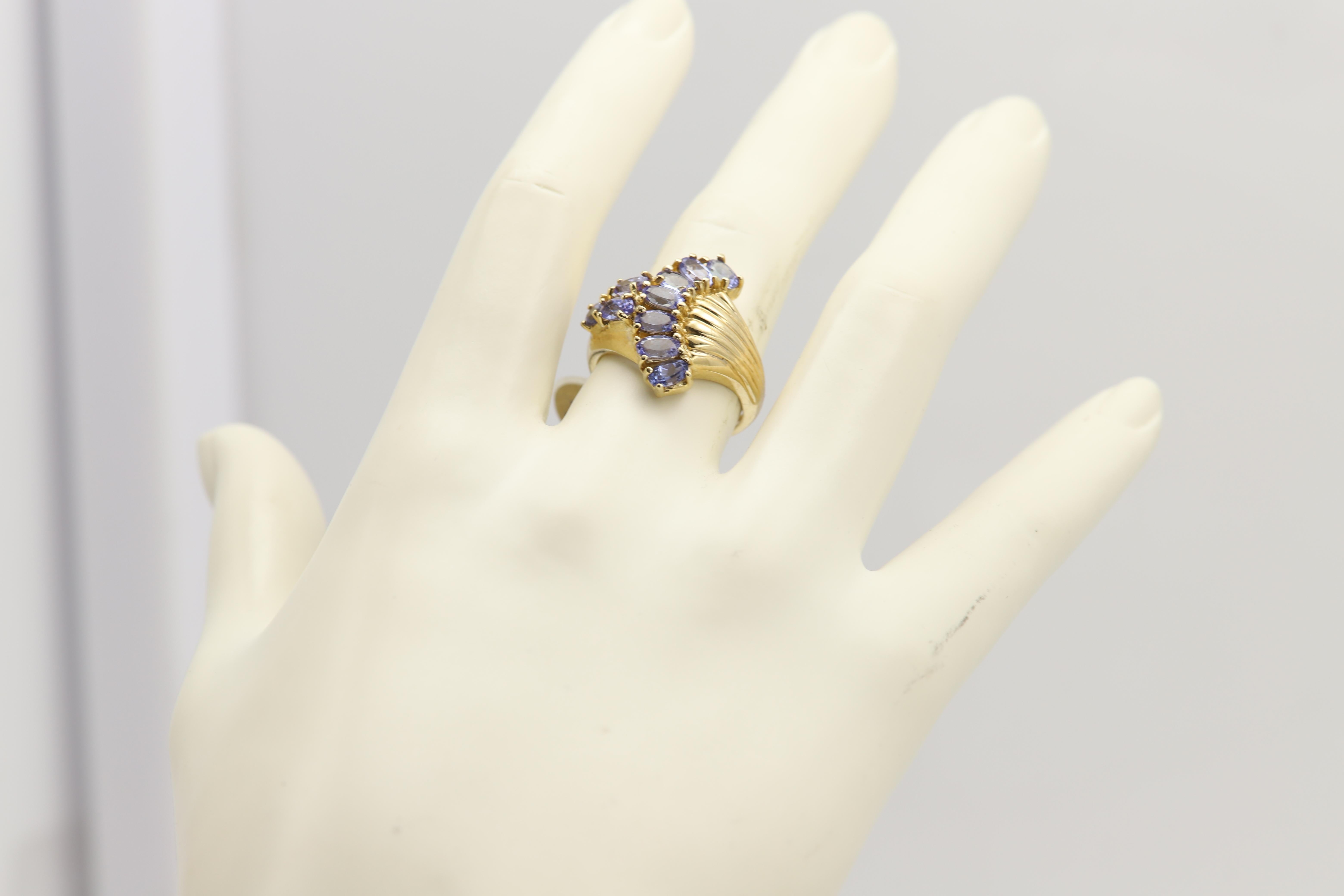 Vintage Tanzanite Cluster Designer Ring 10 Karat Yellow Gold For Sale 2