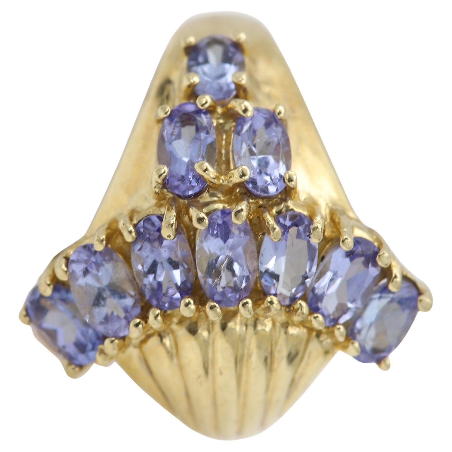 Vintage Tanzanite Cluster Designer Ring 10 Karat Yellow Gold For Sale
