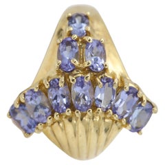 Vintage Tanzanite Cluster Designer Ring 10 Karat Yellow Gold