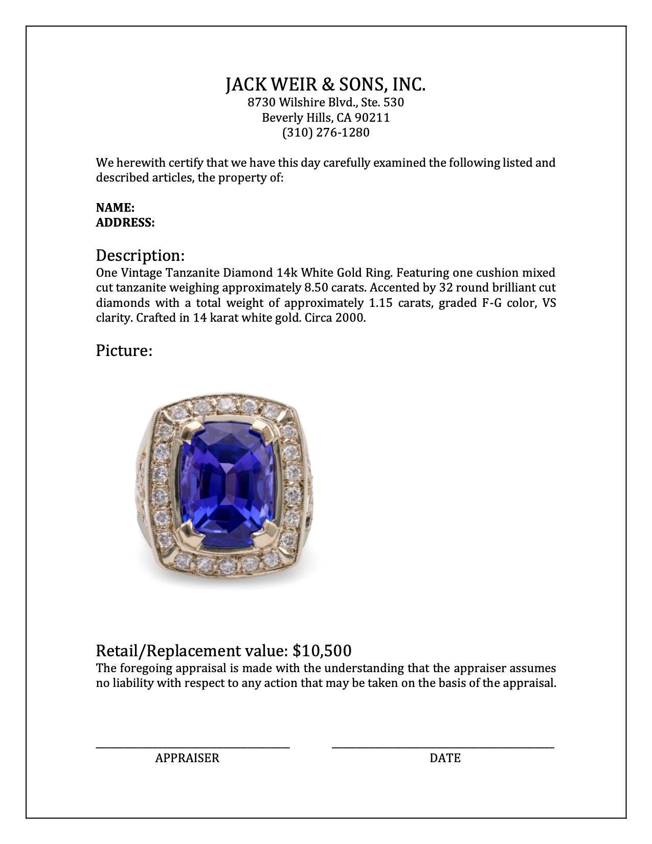 Vintage Tanzanite Diamond 14k White Gold Ring For Sale 1