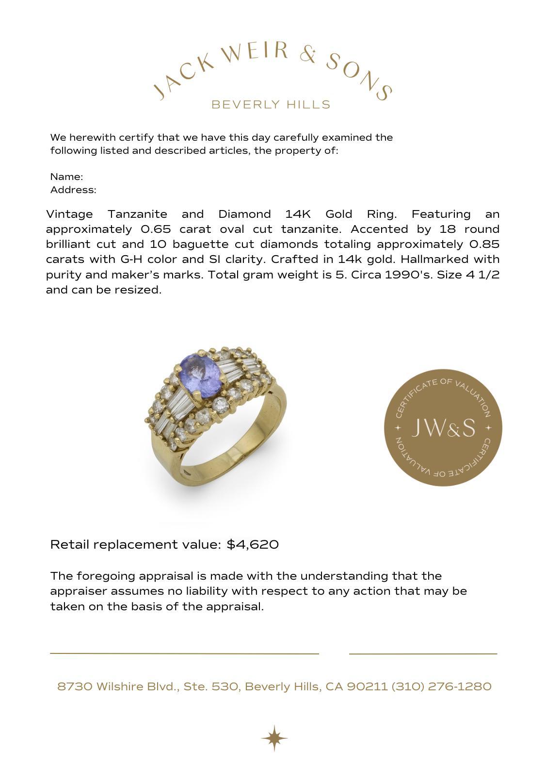 Bague vintage en or jaune 14k avec tanzanite et diamant en vente 2