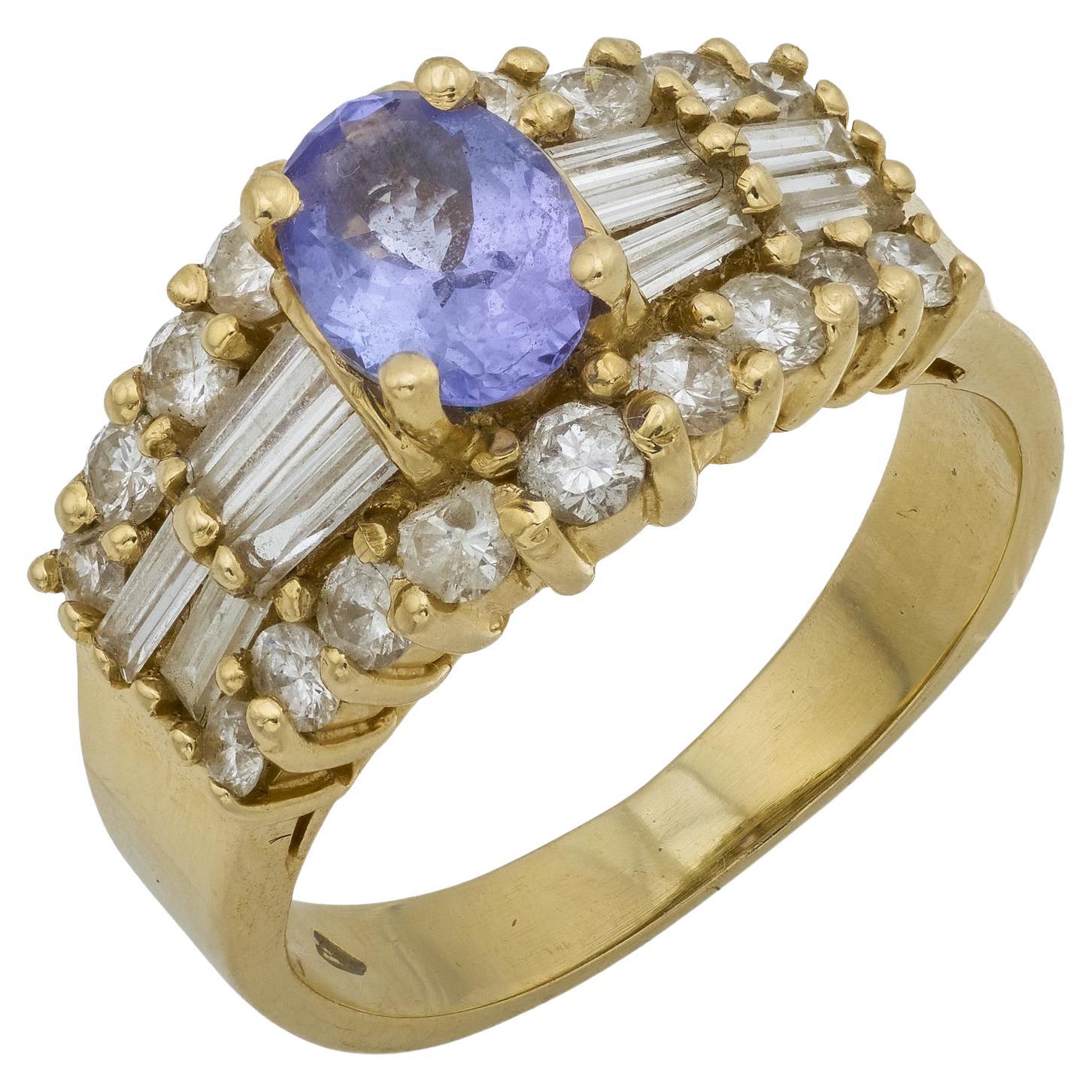 Anello vintage in oro giallo 14k con tanzanite e diamanti