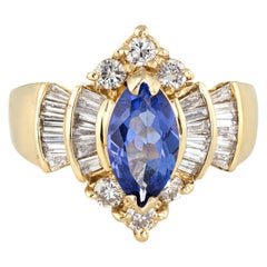 Vintage Tanzanite Diamond Ring Marquise Shape 14 Karat Gold Estate Jewelry