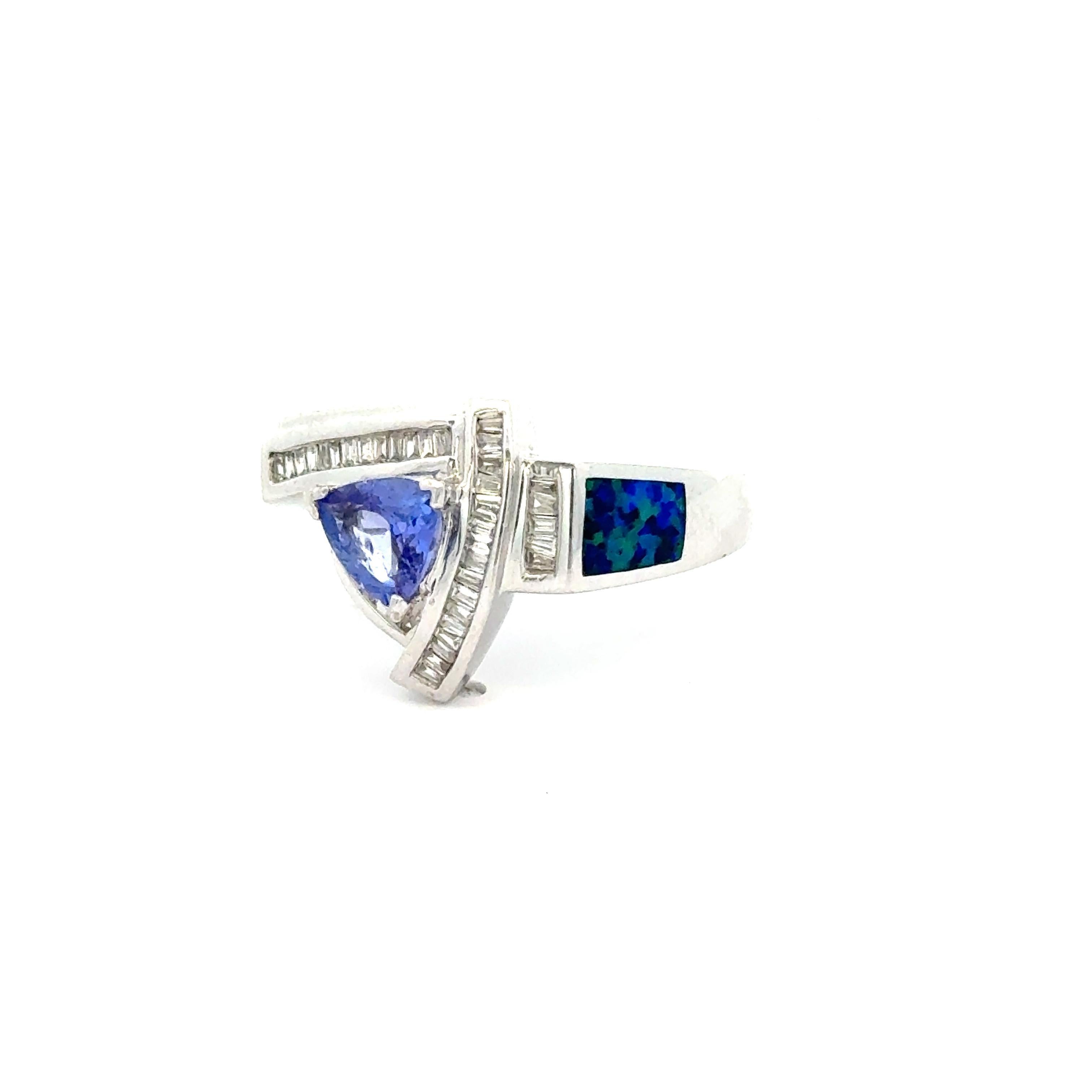 Trillion Cut Vintage Tanzanite Inlaid Opal and Diamond Cluster 14K White Gold Ring 6.5 Grams For Sale