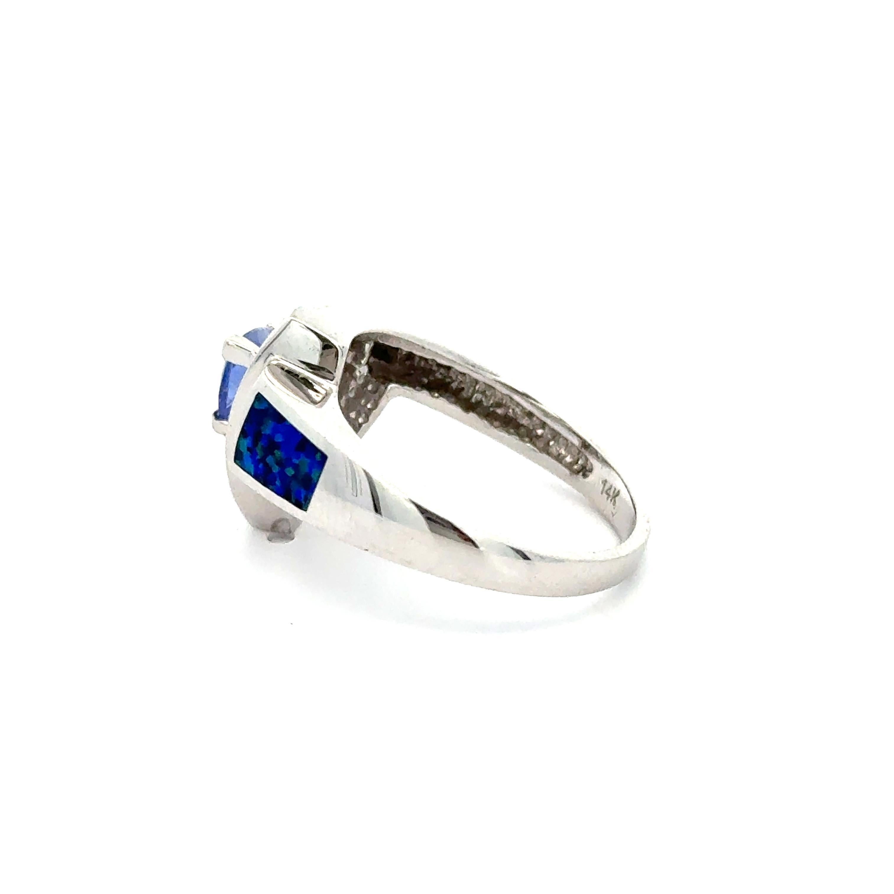 Women's Vintage Tanzanite Inlaid Opal and Diamond Cluster 14K White Gold Ring 6.5 Grams For Sale