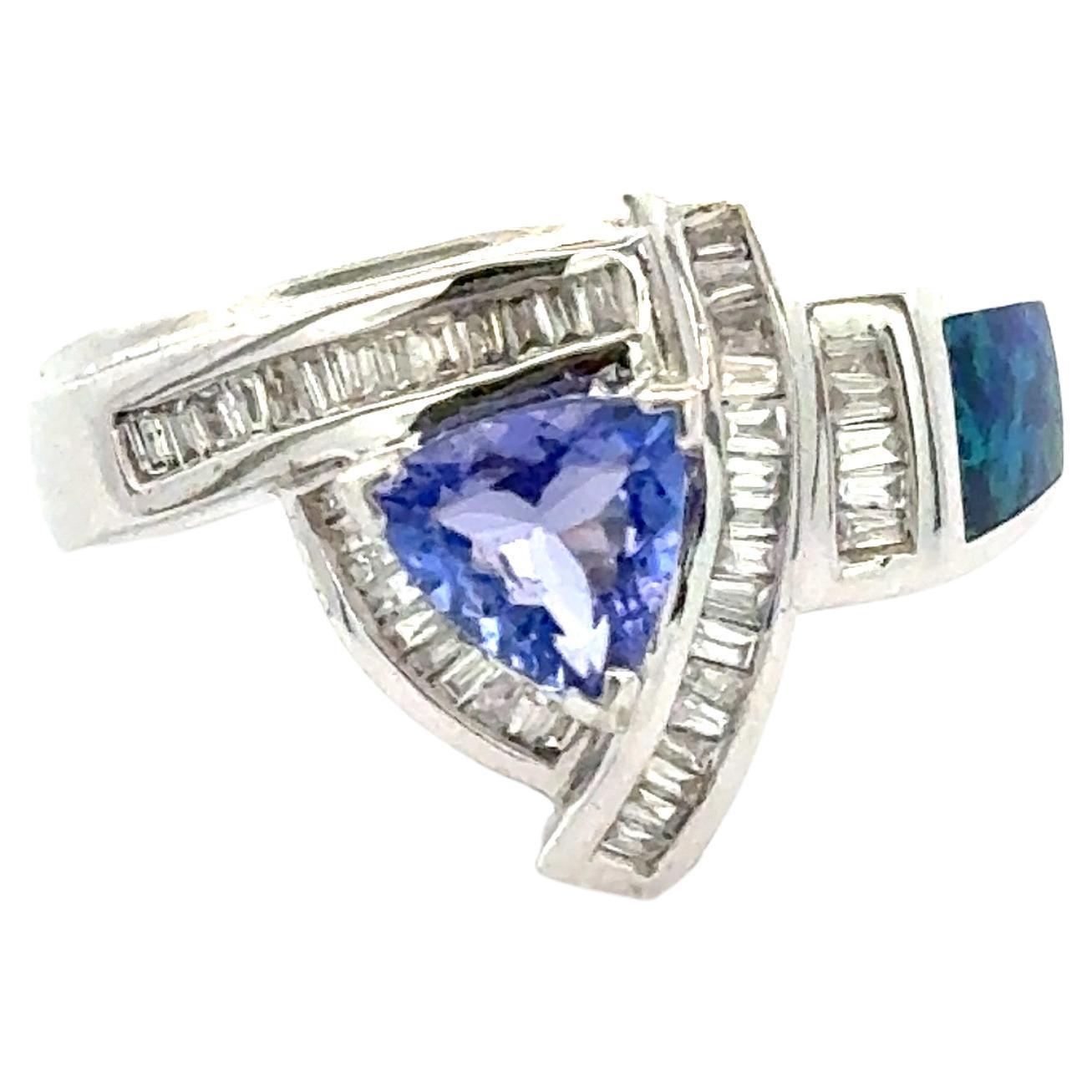Vintage Tanzanite Inlaid Opal and Diamond Cluster 14K White Gold Ring 6.5 Grams For Sale
