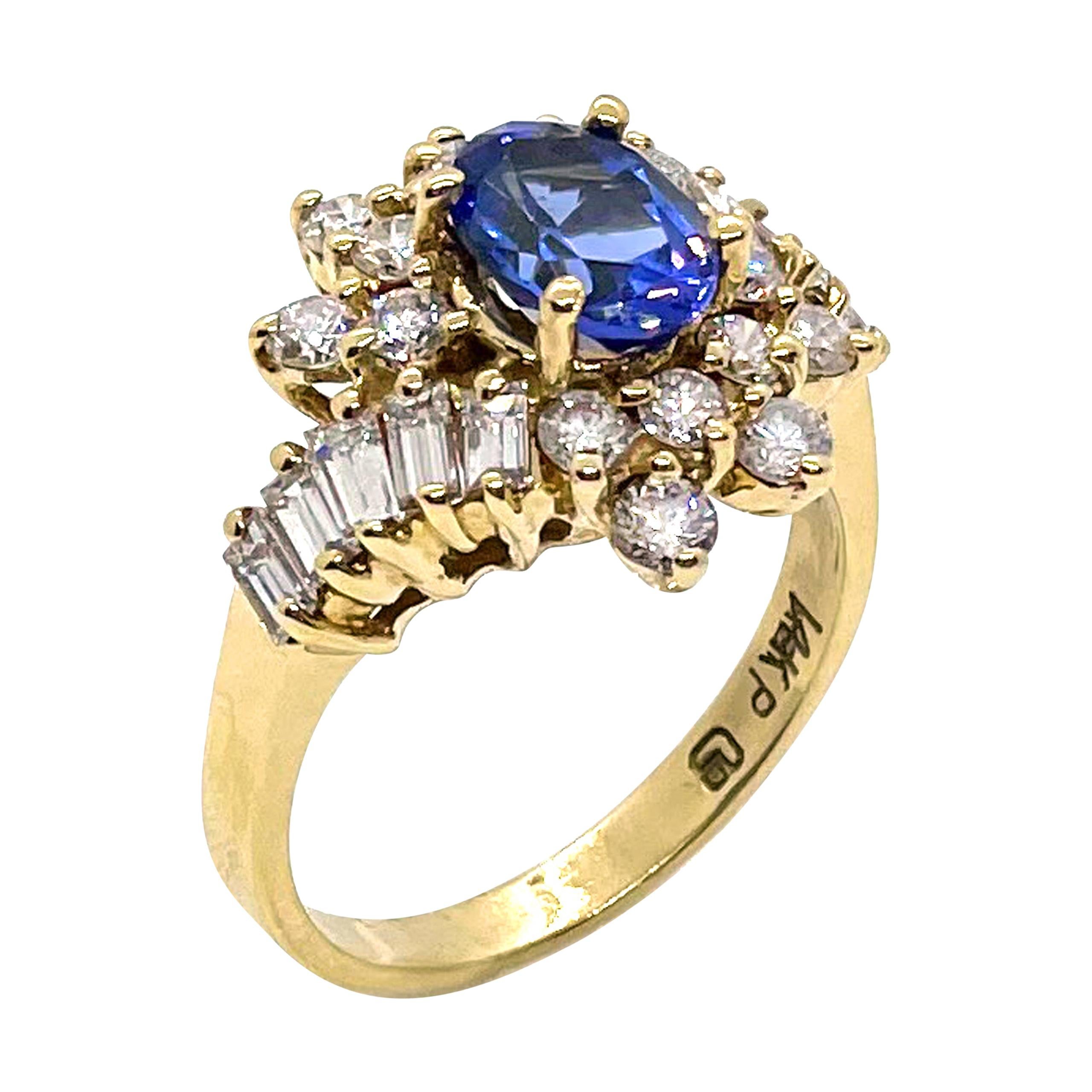 Vintage-Tansanit-Ring mit Diamanten, gefasst in 14k Gold, um 1985