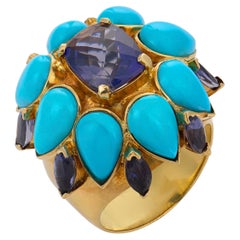 Vintage tanzanite turquoise 18k yellow gold cocktail ring