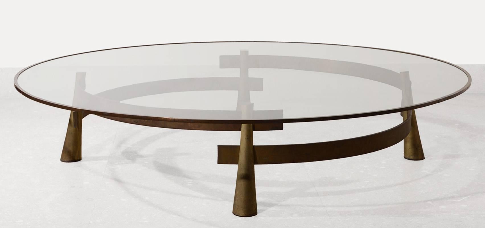 Rare vintage Tao coffee table shown in metal and brass finish with glass top.
