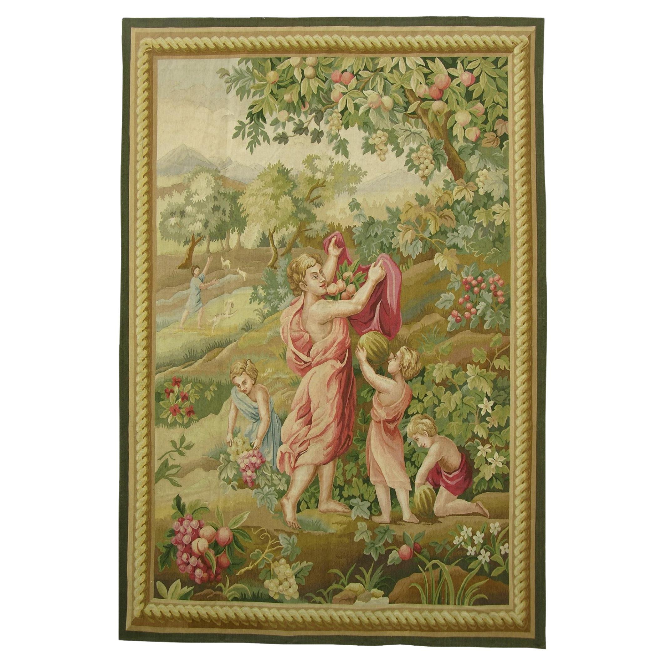 Vintage Tapestry Depicting a Family Gardening 5'7" X 5'3" For Sale