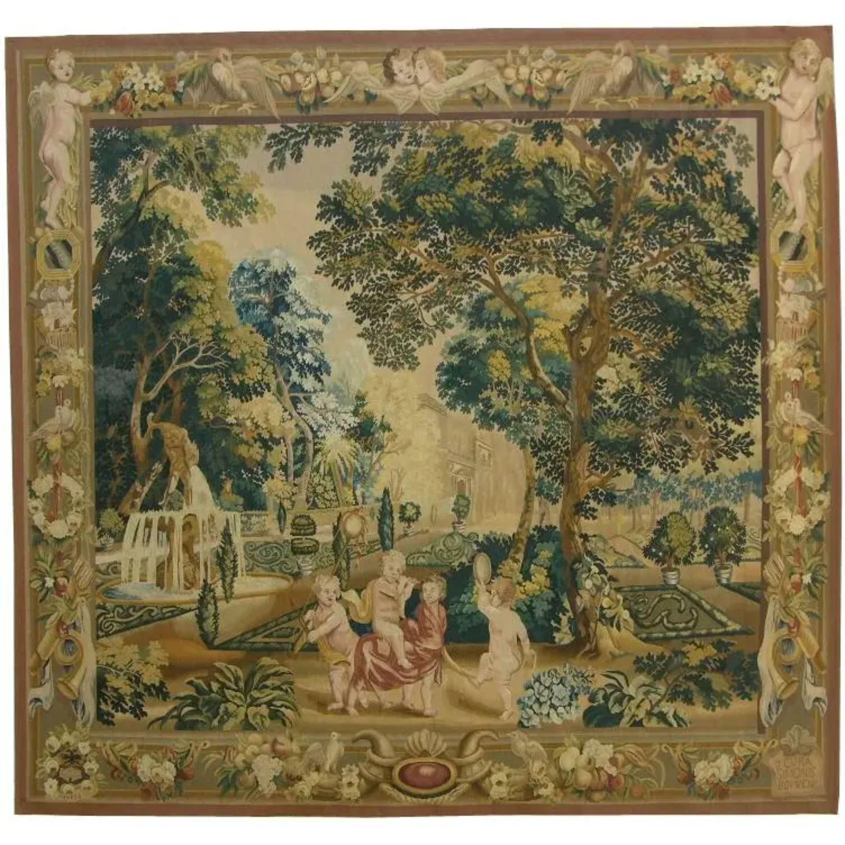 Unknown Vintage Tapestry Depicting Children at Play 7X7.8 For Sale