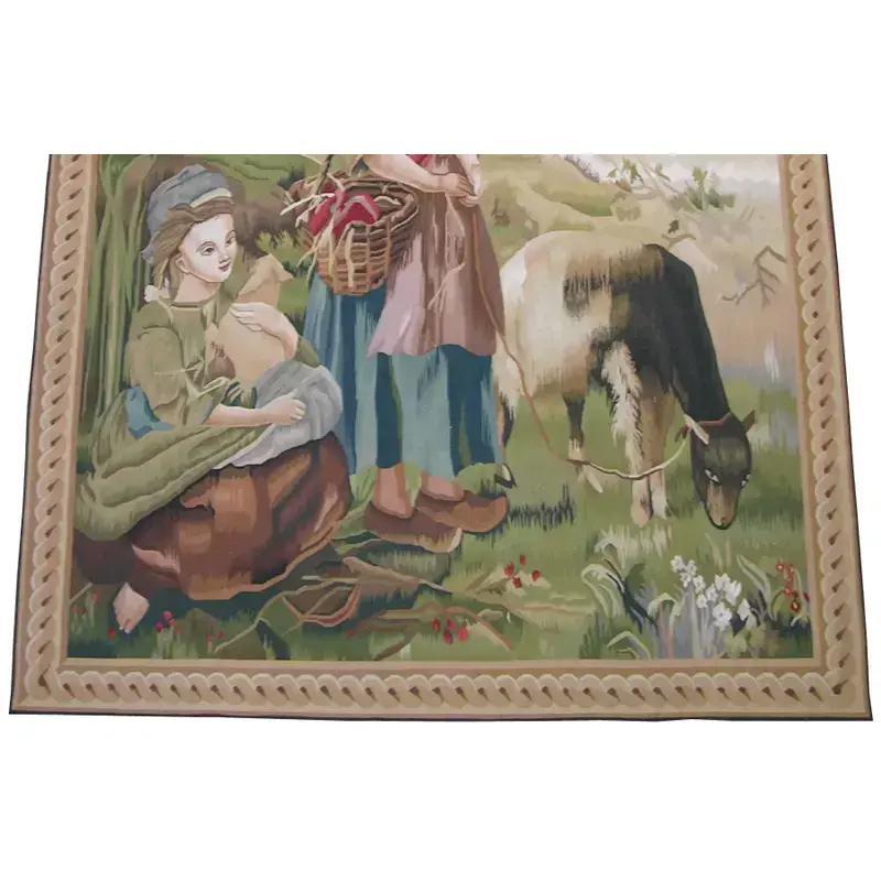 Vintage Tapestry Depicting Farm Kids 6.9 X 5.2 In Good Condition For Sale In Los Angeles, US