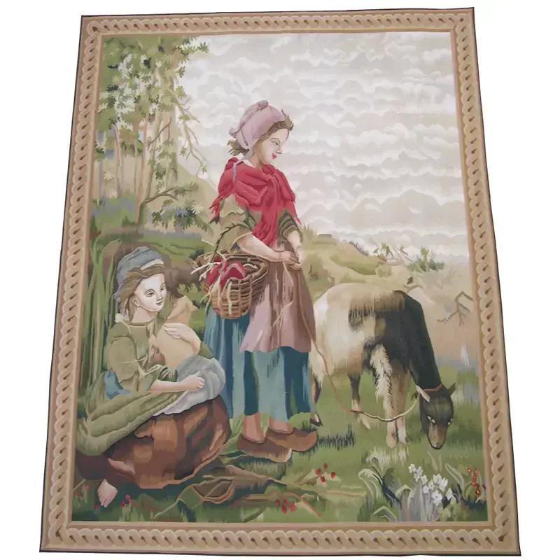 Wool Vintage Tapestry Depicting Farm Kids 6.9 X 5.2 For Sale
