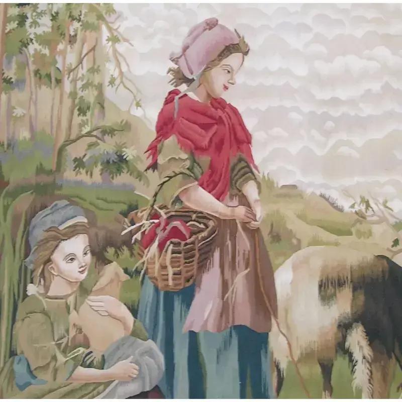 Vintage Tapestry Depicting Farm Kids 6.9 X 5.2 For Sale 1