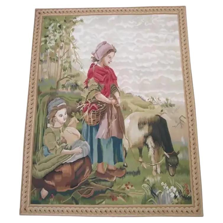 Vintage Tapestry Depicting Farm Kids 6.9 X 5.2