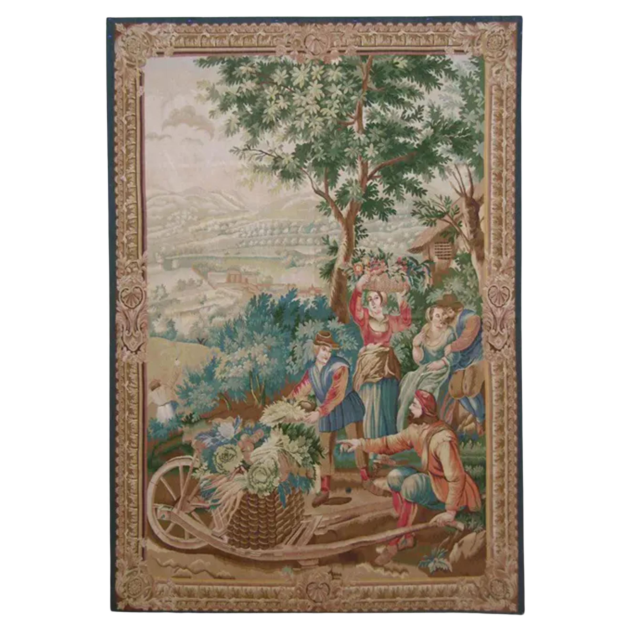 Vintage Tapestry Depicting Flower Picking 7.5X5.2