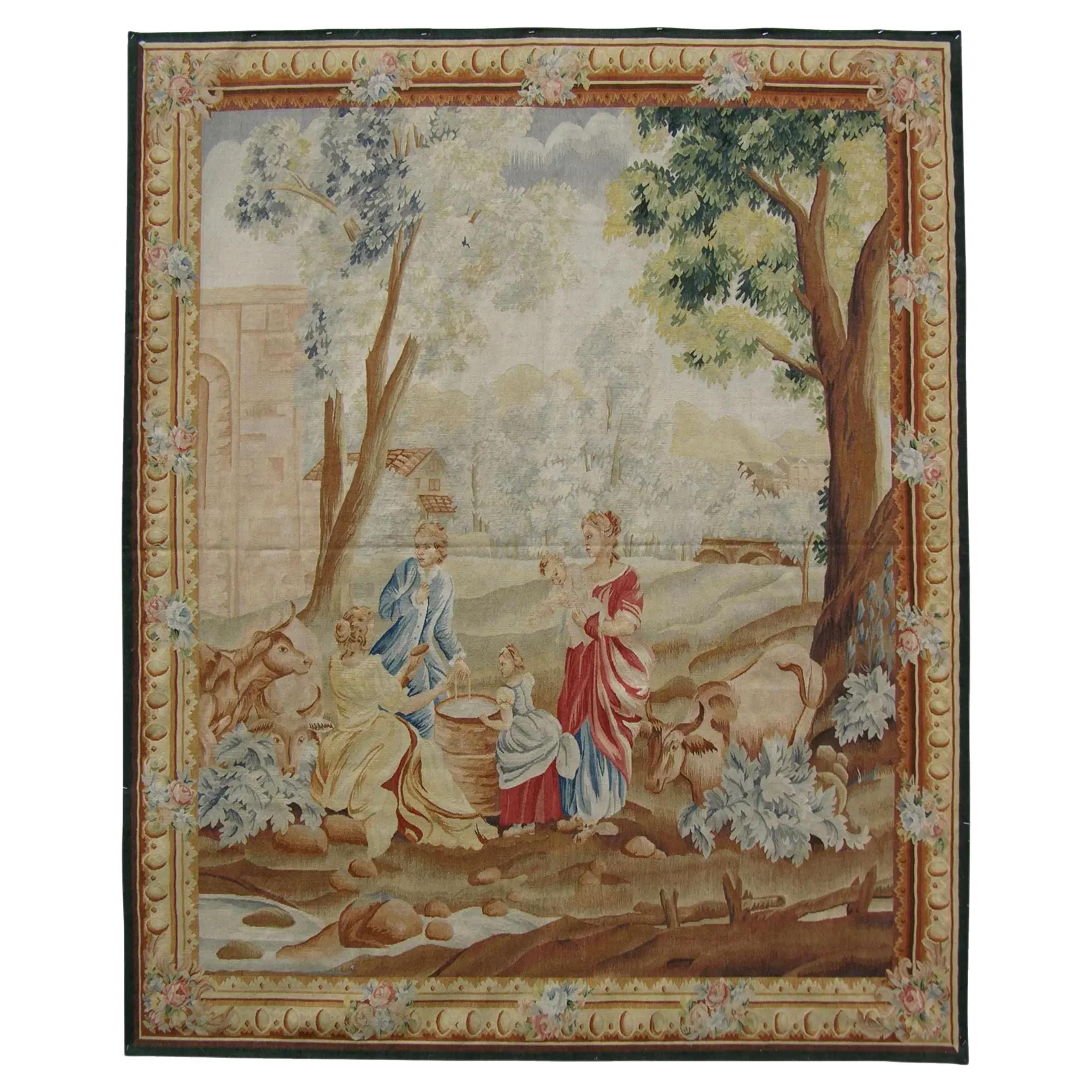 Vintage Tapestry Depicting Mother and Her Children 6.4X5.3 For Sale