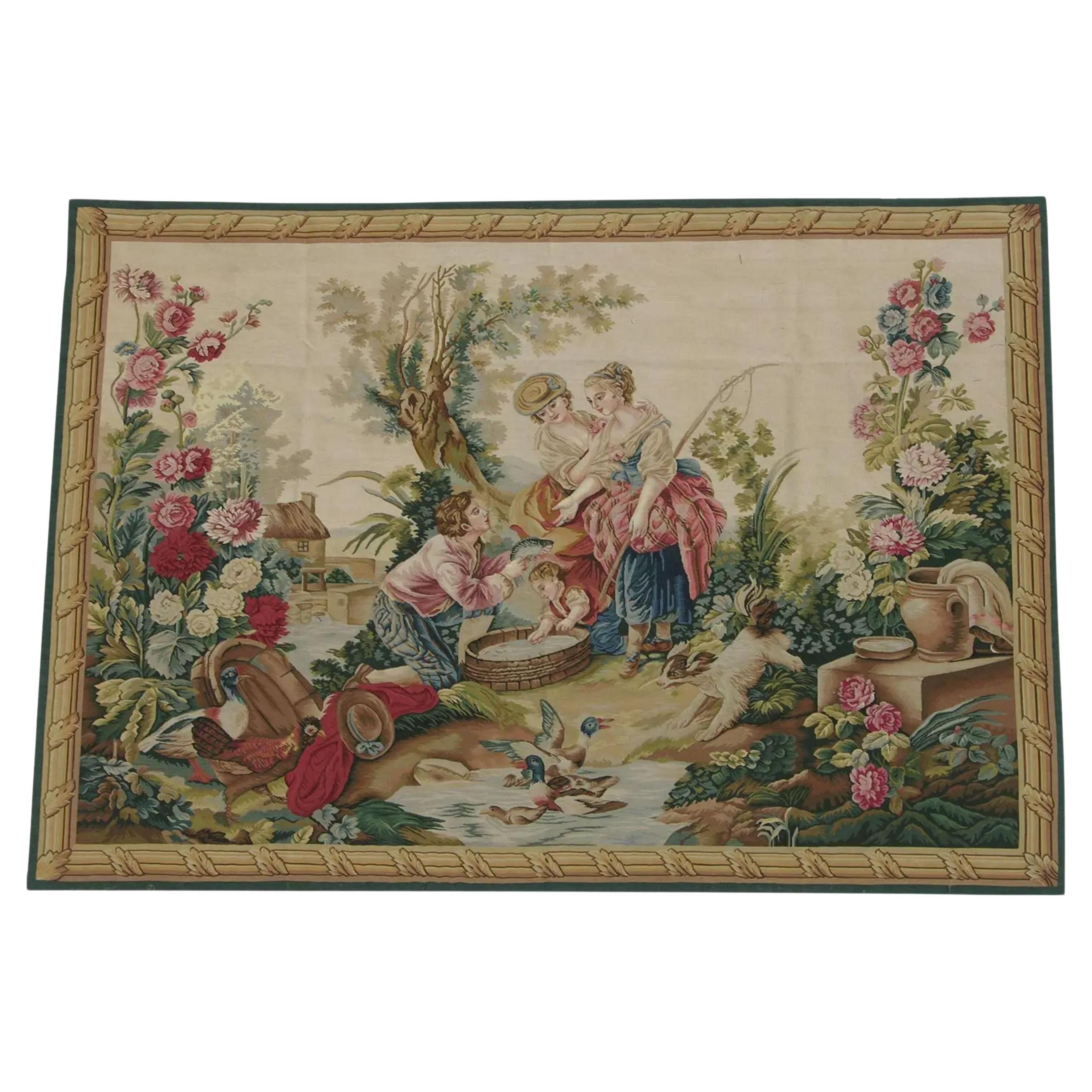 Vintage Tapestry Depicting Outdoor Scene 7.1X5 For Sale