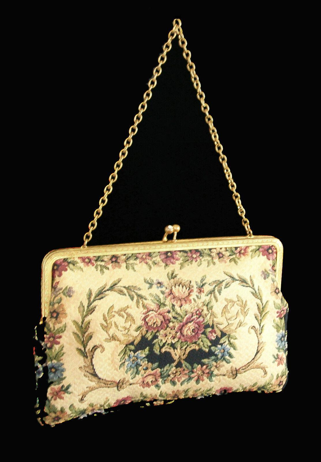 Brass Vintage Tapestry Evening Bag - Rhinestone Closure - Unsigned - Mid 20th Century For Sale