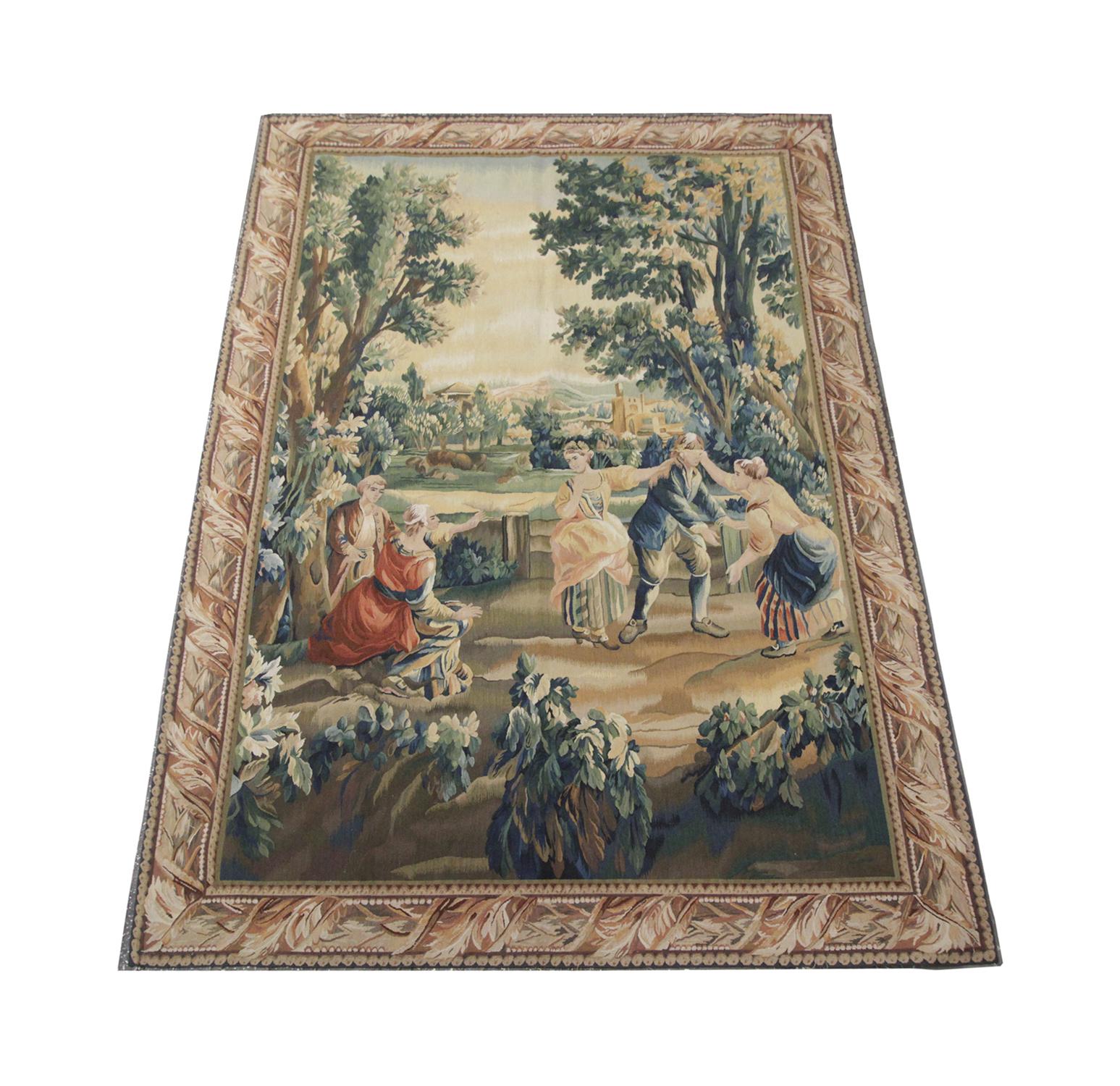 Beautiful dancing scene French-style tapestry was handmade in China and features five figures dancing in what looks like the forest of a castle. Muted greens, browns and yellows have been used to weave this realistic Tapestry. 
This high-quality