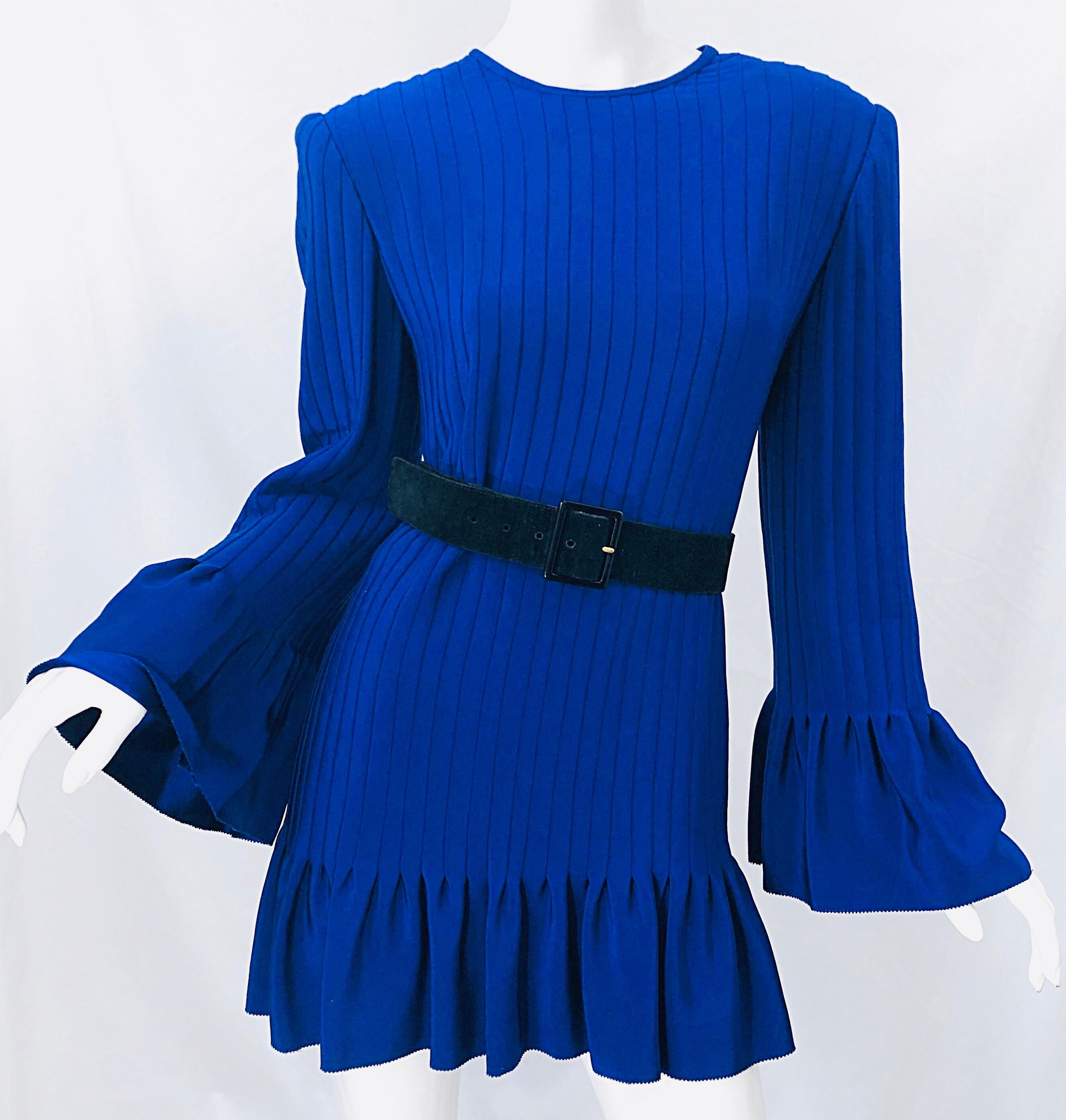 Vintage Tarquin Ebker Royal Blue 1980s Silk Pleated 80s Mini Dress Tunic Shirt 5