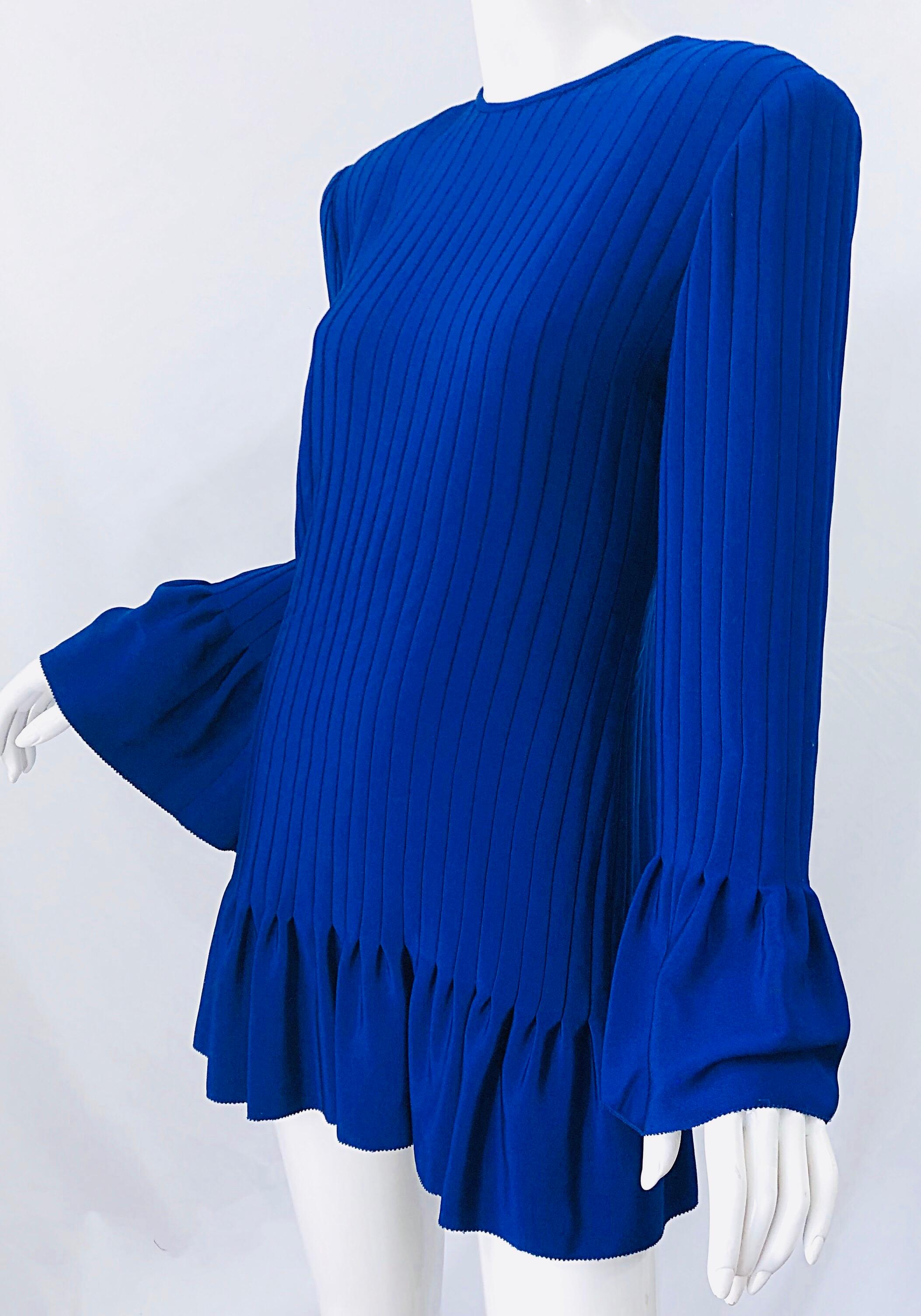Vintage Tarquin Ebker Royal Blue 1980s Silk Pleated 80s Mini Dress Tunic Shirt 6